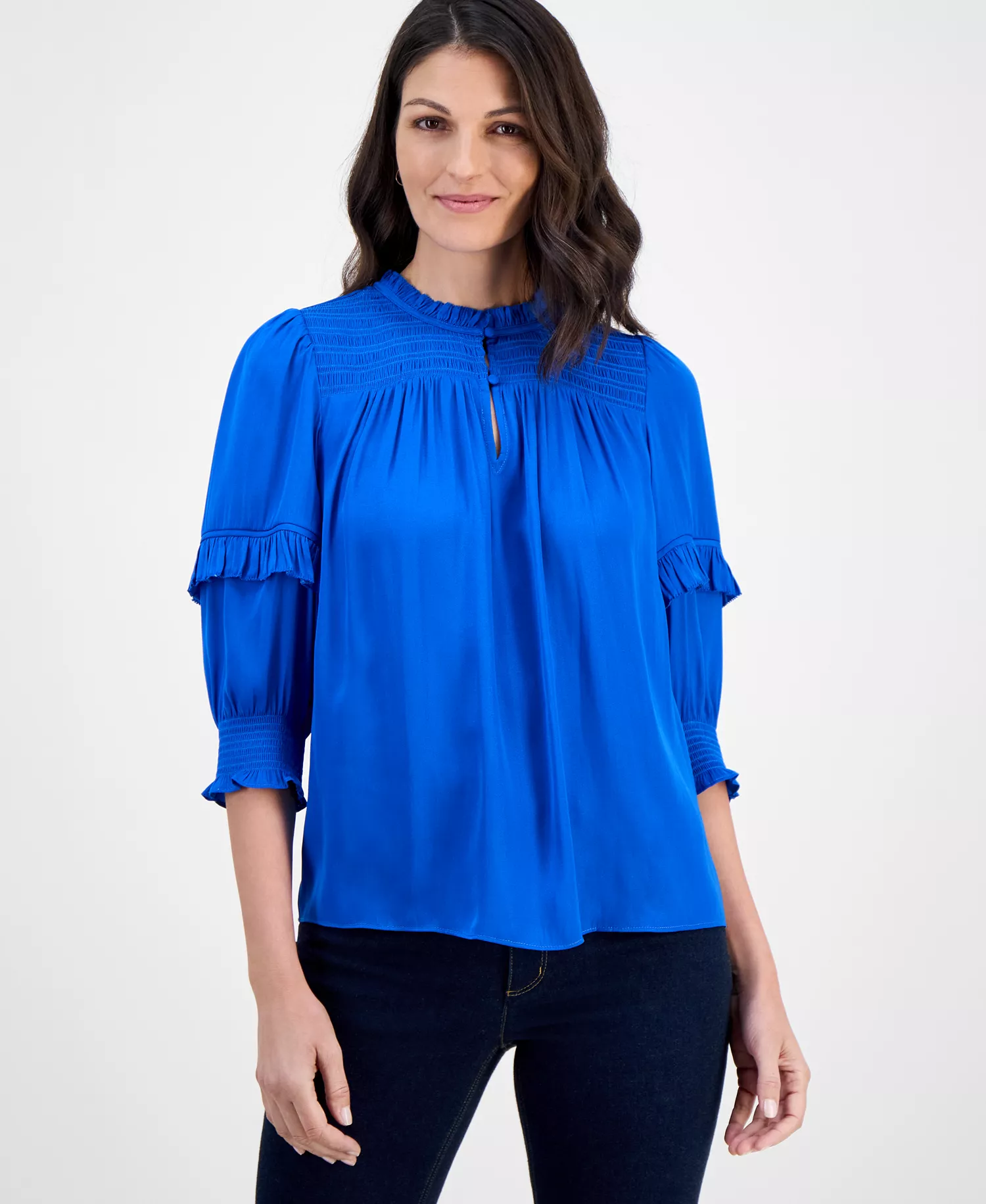 Women's Smocked Ruffle-Trim Elbow-Sleeve Top - Cobalt Stone - L