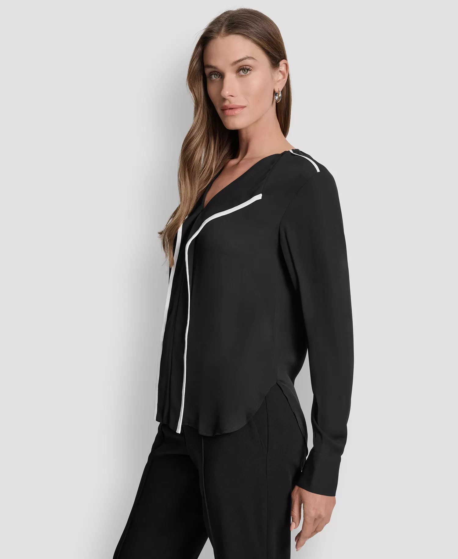 Women's Long Sleeve Trimmed Lapel Blouse, Regular & Petite - Black/ Linen White - L