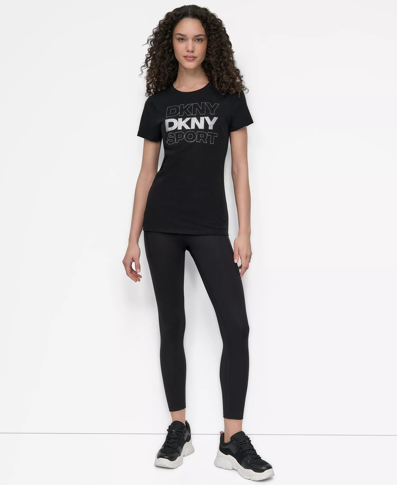 DKNY Women's Sport Glitter Logo Crew Neck T-shirt - Black/silver - L
