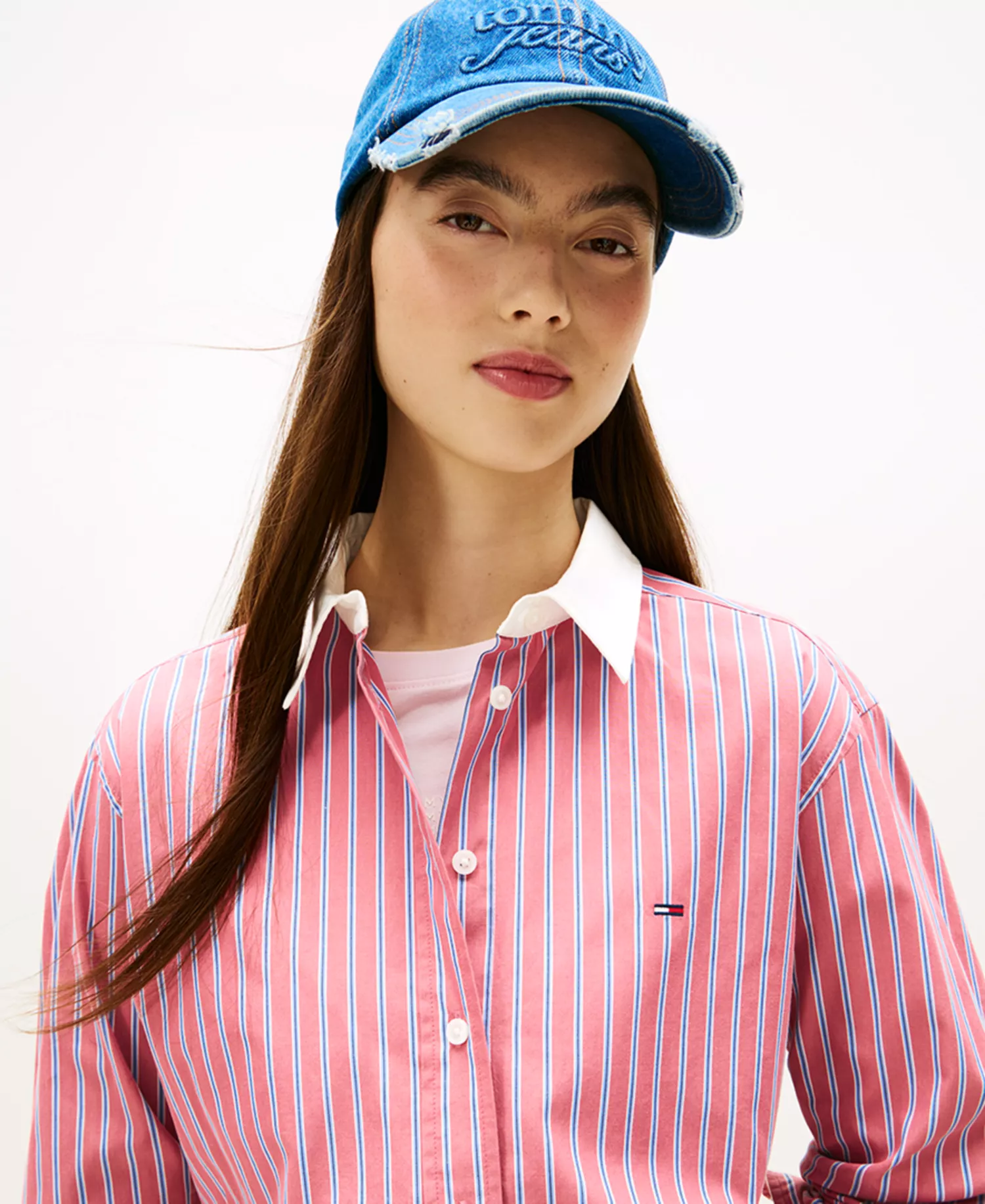 Women's Cropped Relaxed Stripe Shirt - Ruby Dusk/Multi Stripe - L
