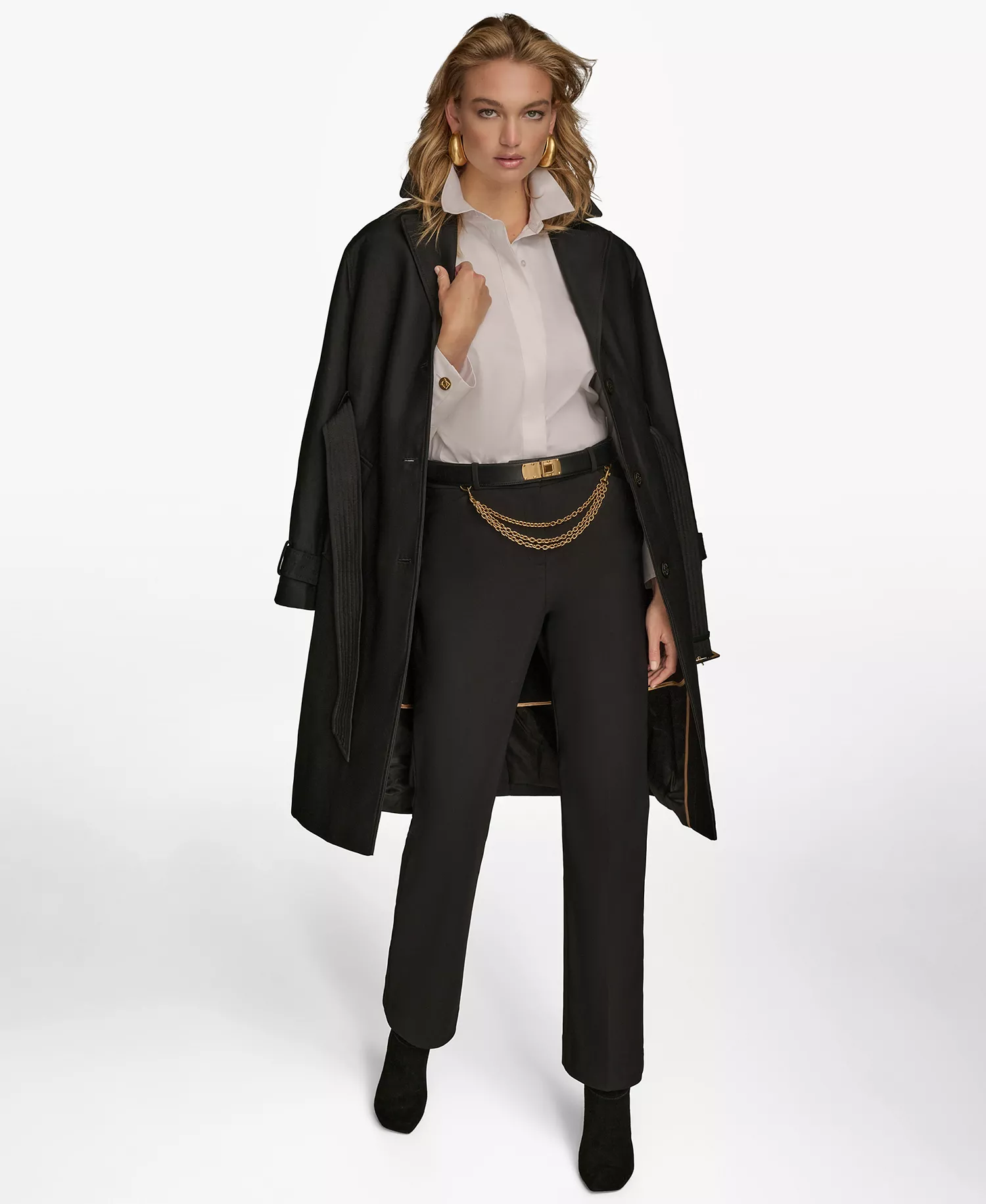 Women's Single-Breasted Belted Trench Coat - Black - L