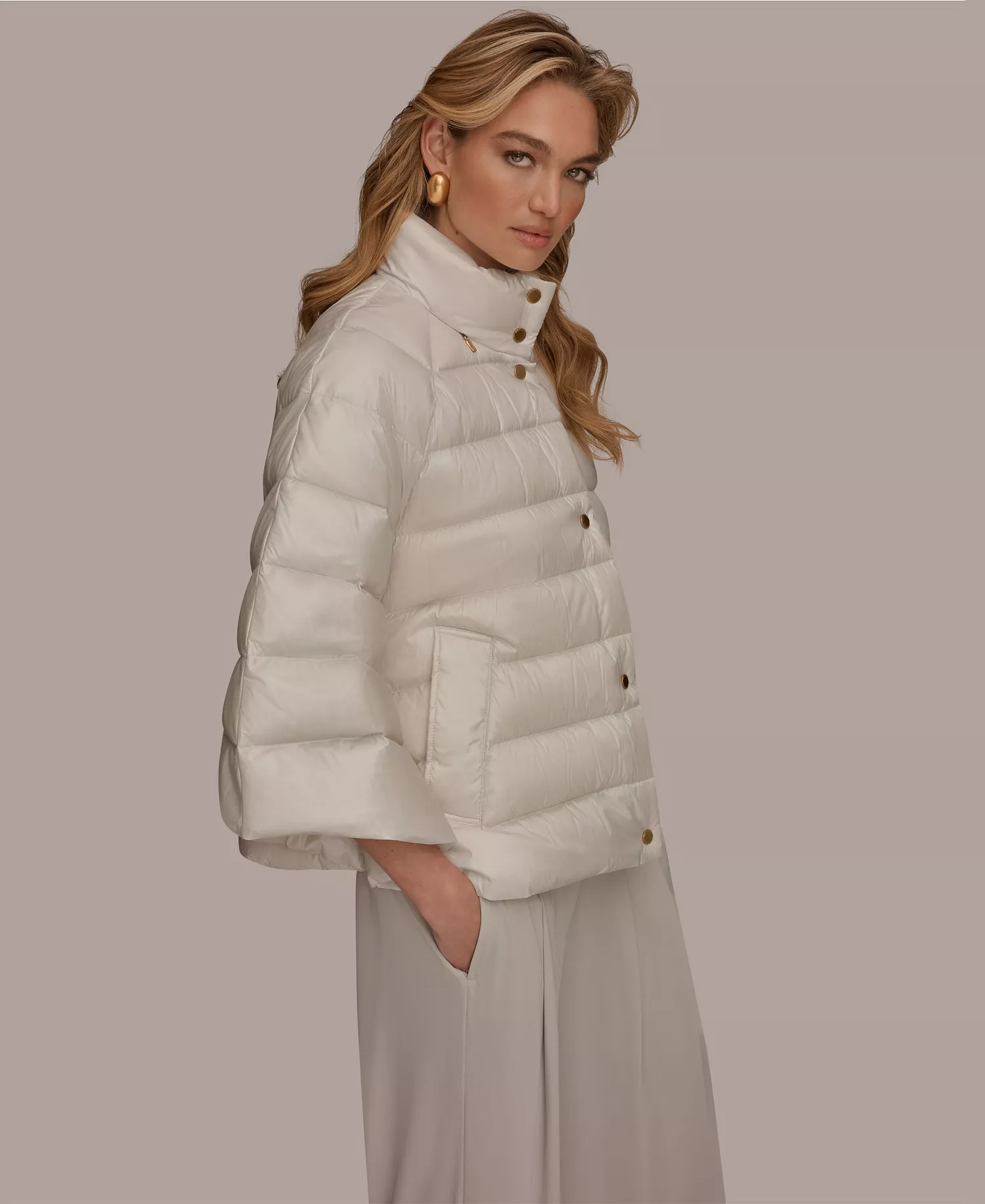 Women's Stand-Collar Down Puffer Cape - Shine White Sand - L/XL