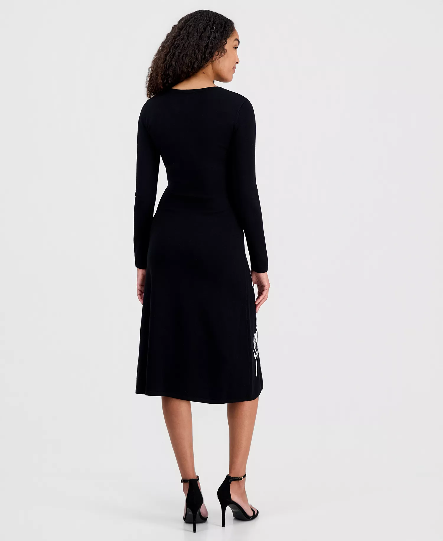 Women's Jacquard Florals Fit & Flare Sweaterdress - Black / White - L