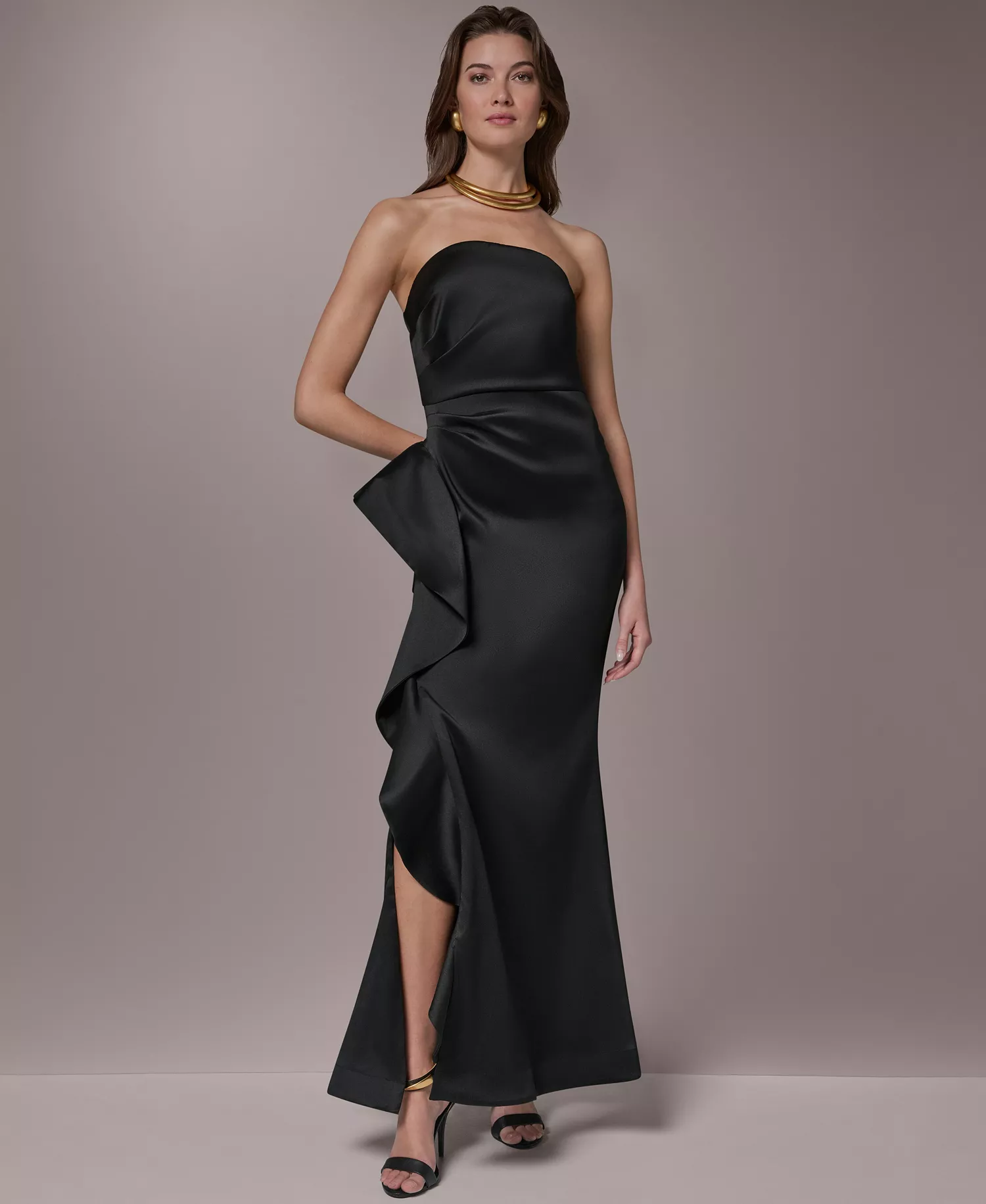 Women's Strapless Side Ruffle Gown - Black - 10