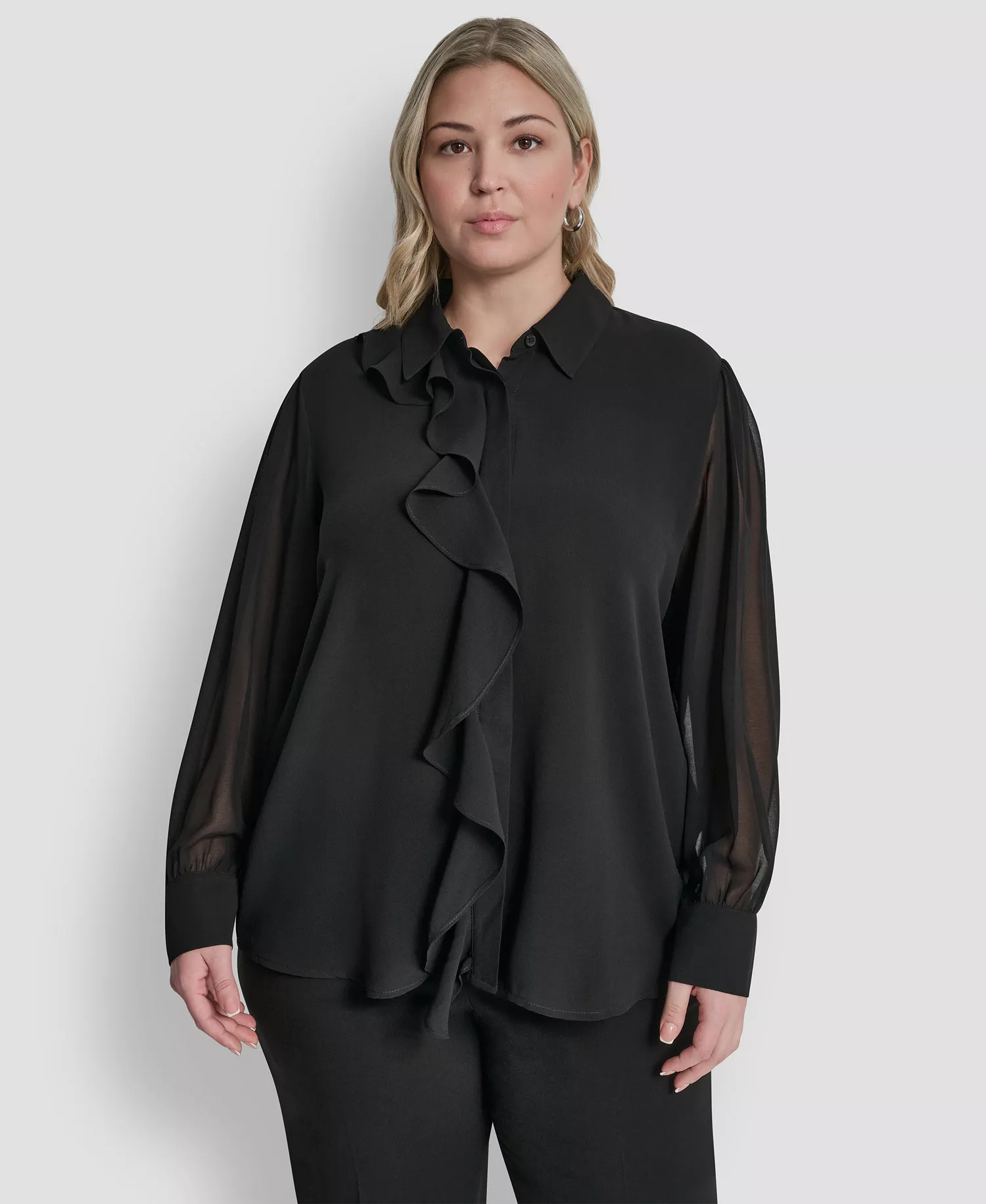 Plus Size Collared Ruffle Detail Long-Sleeve Top - Black - 1X