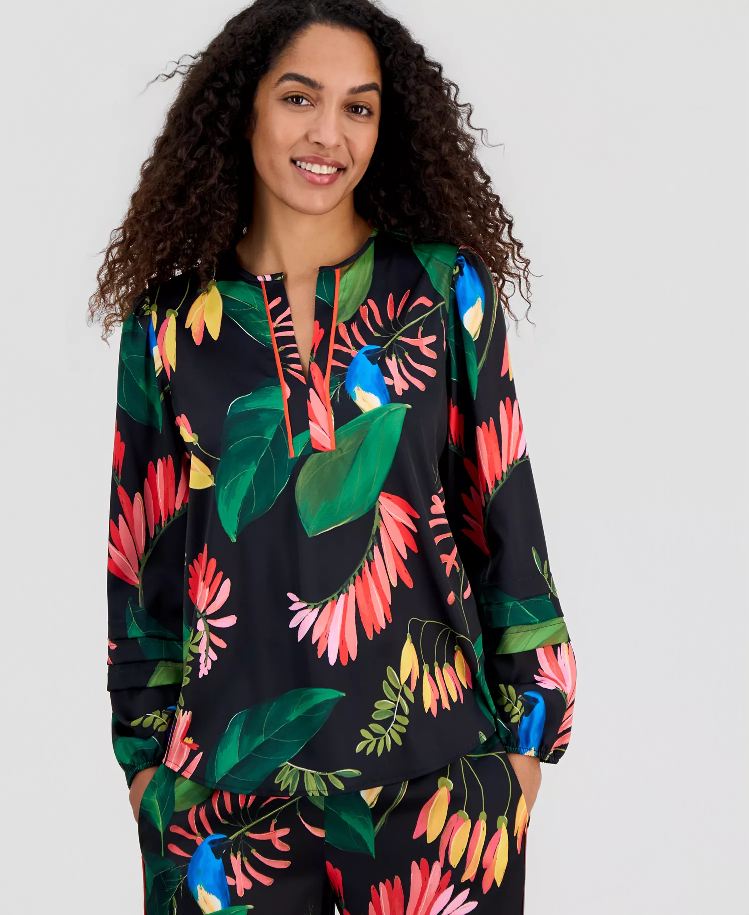Women's Floral-Print Split-Neck Piping Blouse - Tropical Wonder Print - L
