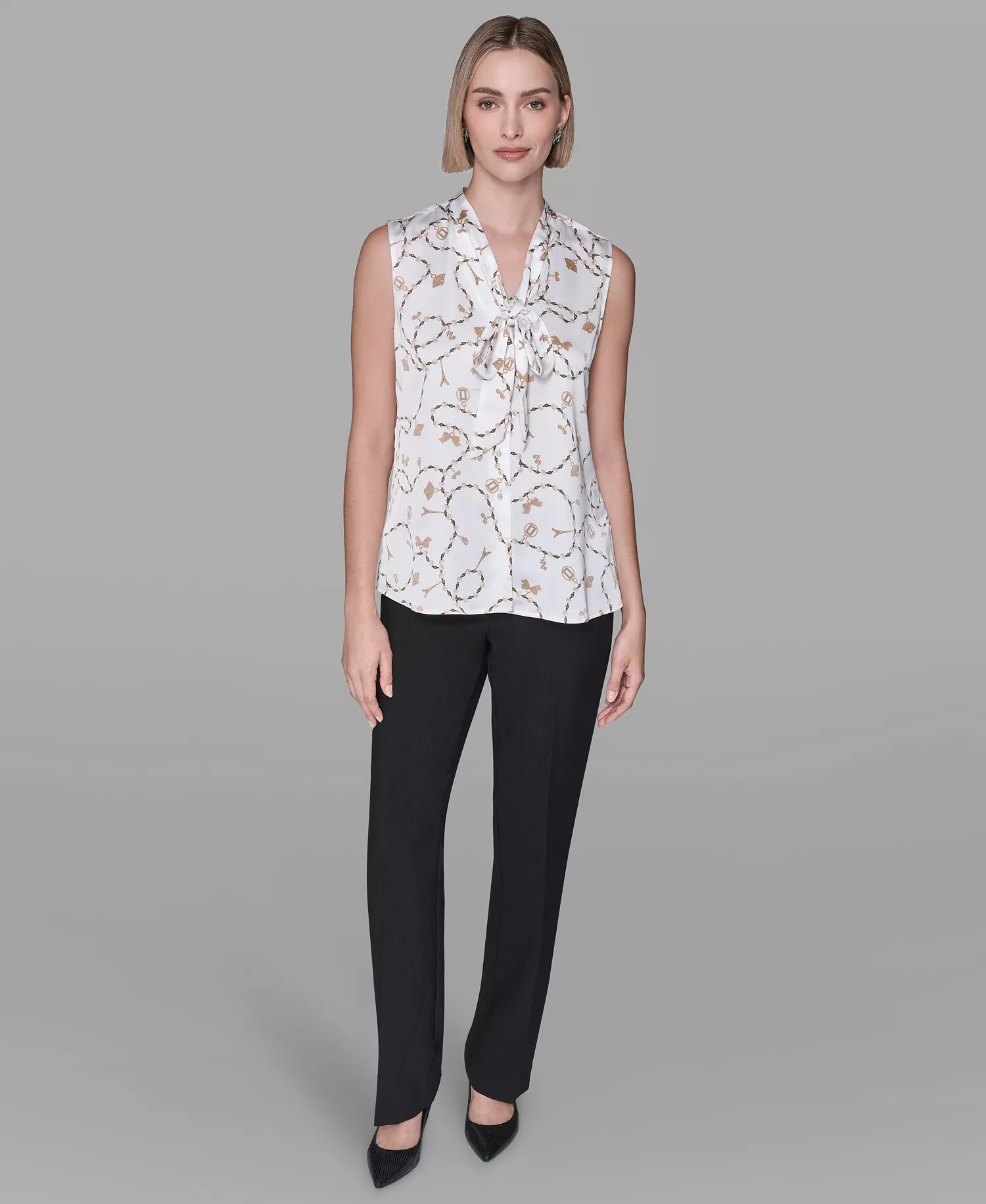 Women's V-Neck Button Down Front Printed Top - Soft White Multi - L