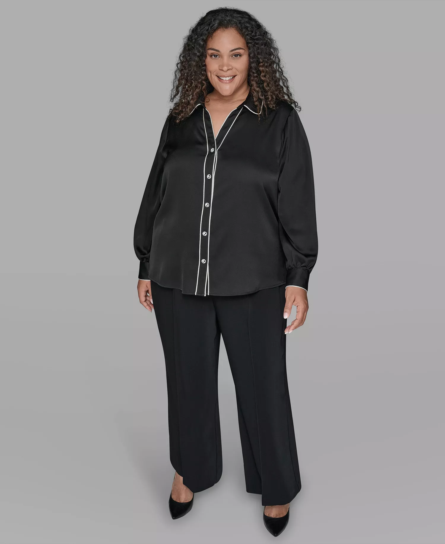 KARL LAGERFIELD PARIS Plus Size Contrast Placket Long Sleeves Blouse - Black - 0X