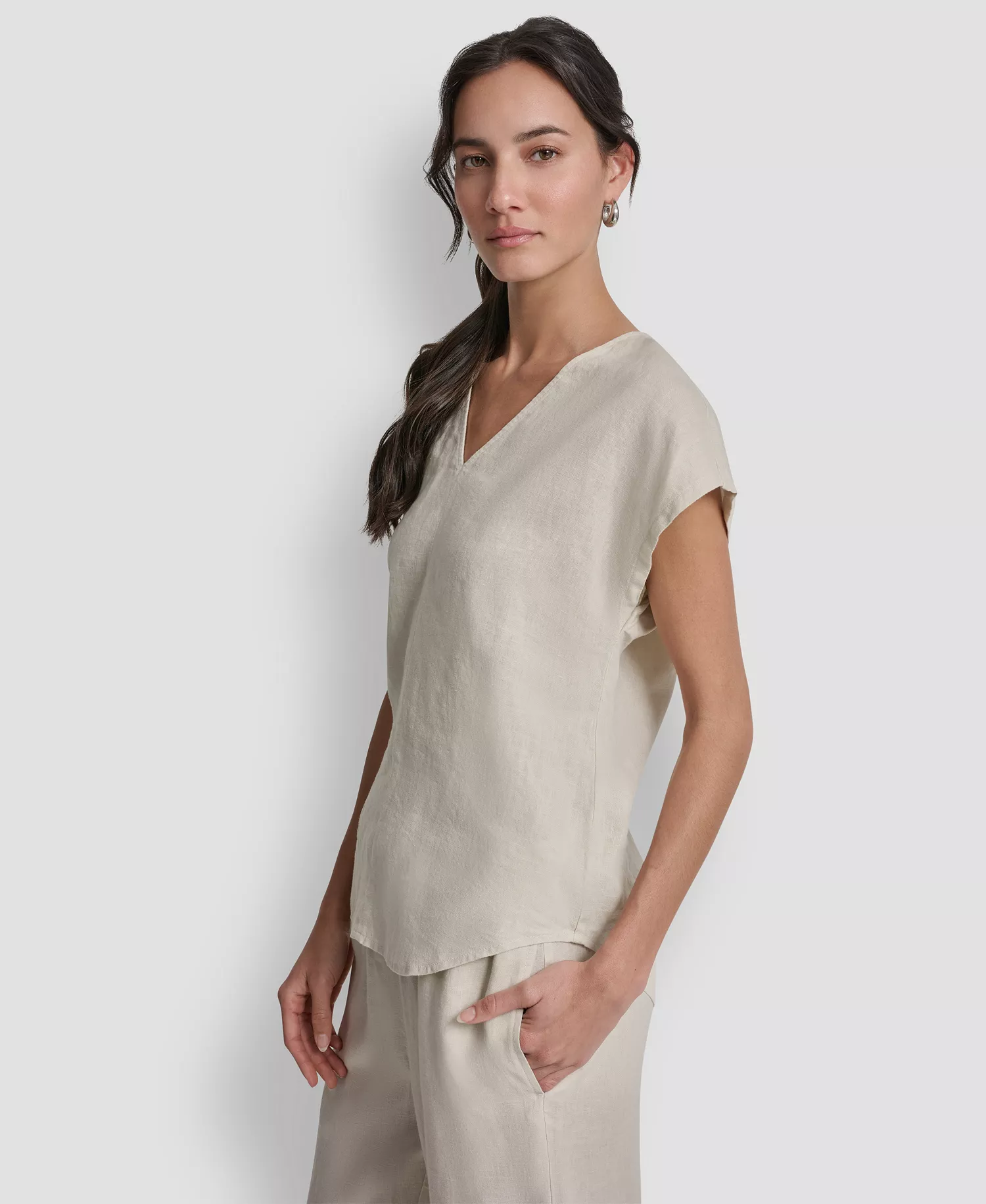 Women's Linen V-Neck Short-Sleeve Shirt - Natural - L