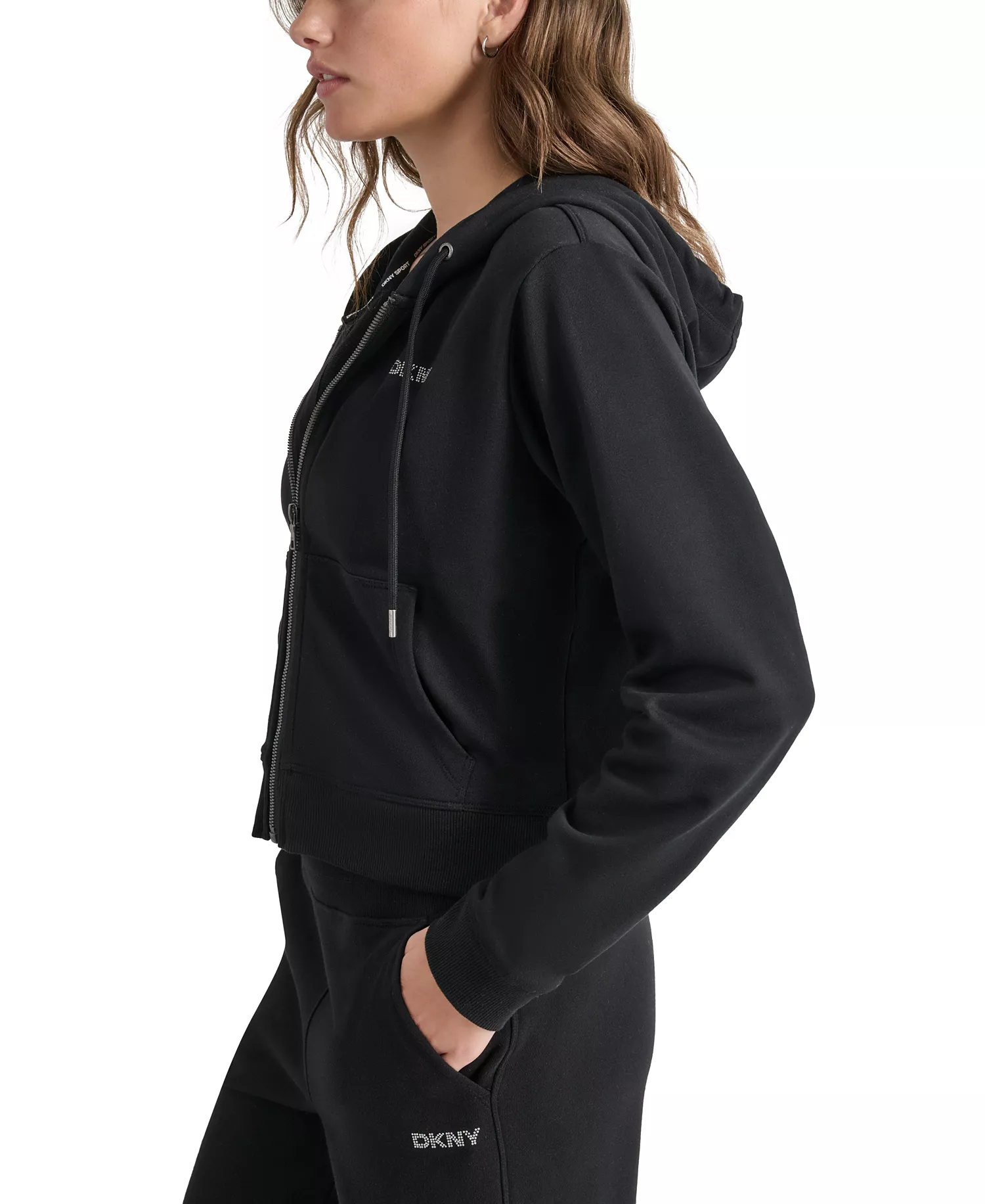 Women's Studded-Logo Full-Zip Fleece Hoodie - Black - L
