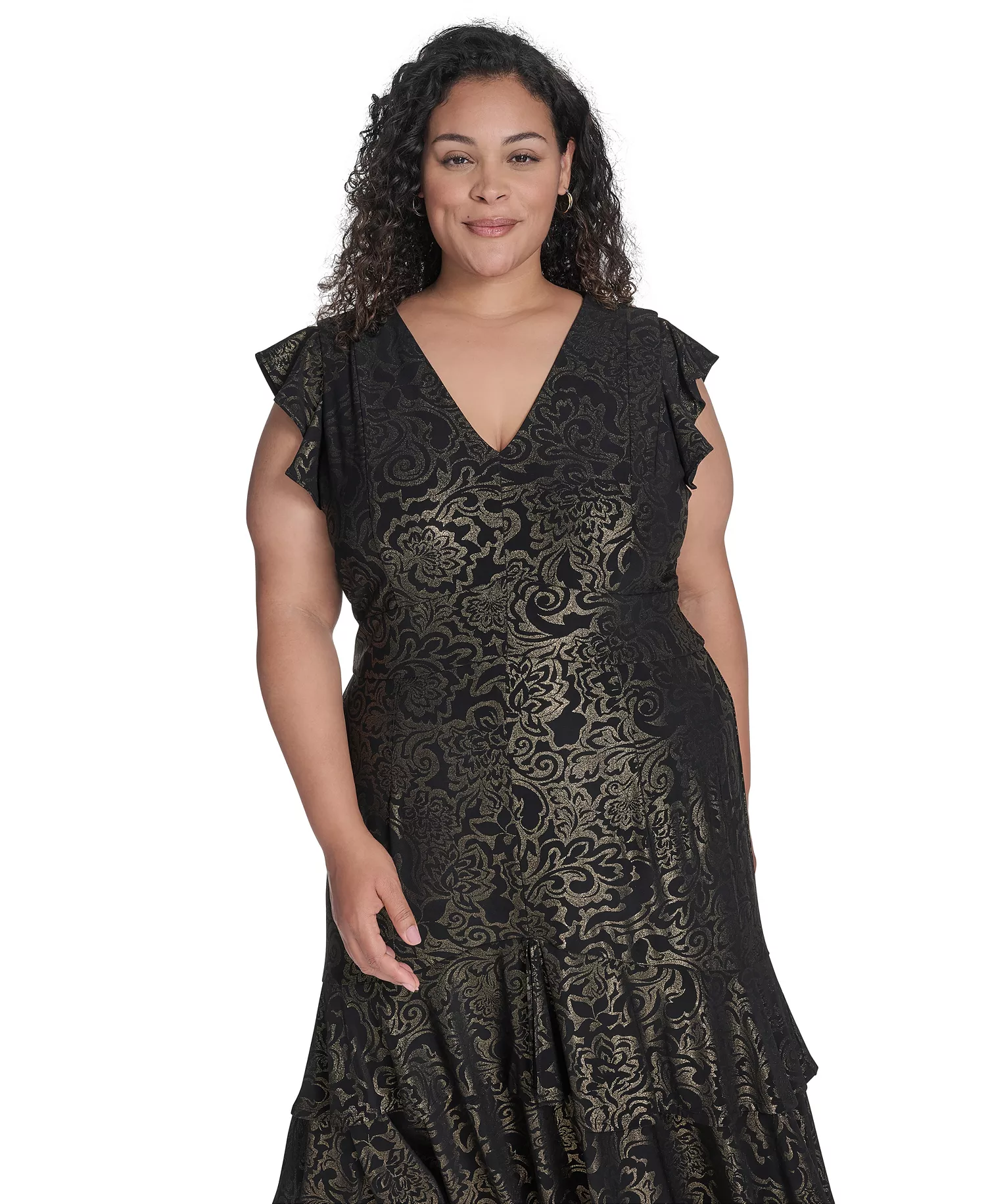 Plus Size Flutter Foil Midi Dress - Black/Gold - 14W