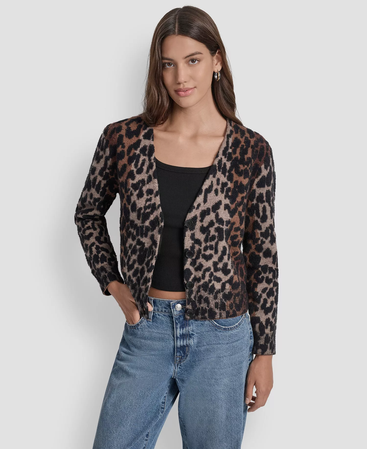 Women's Long Sleeves Leopard Print Cardigan Sweater - Burnt Sugar Combo - L