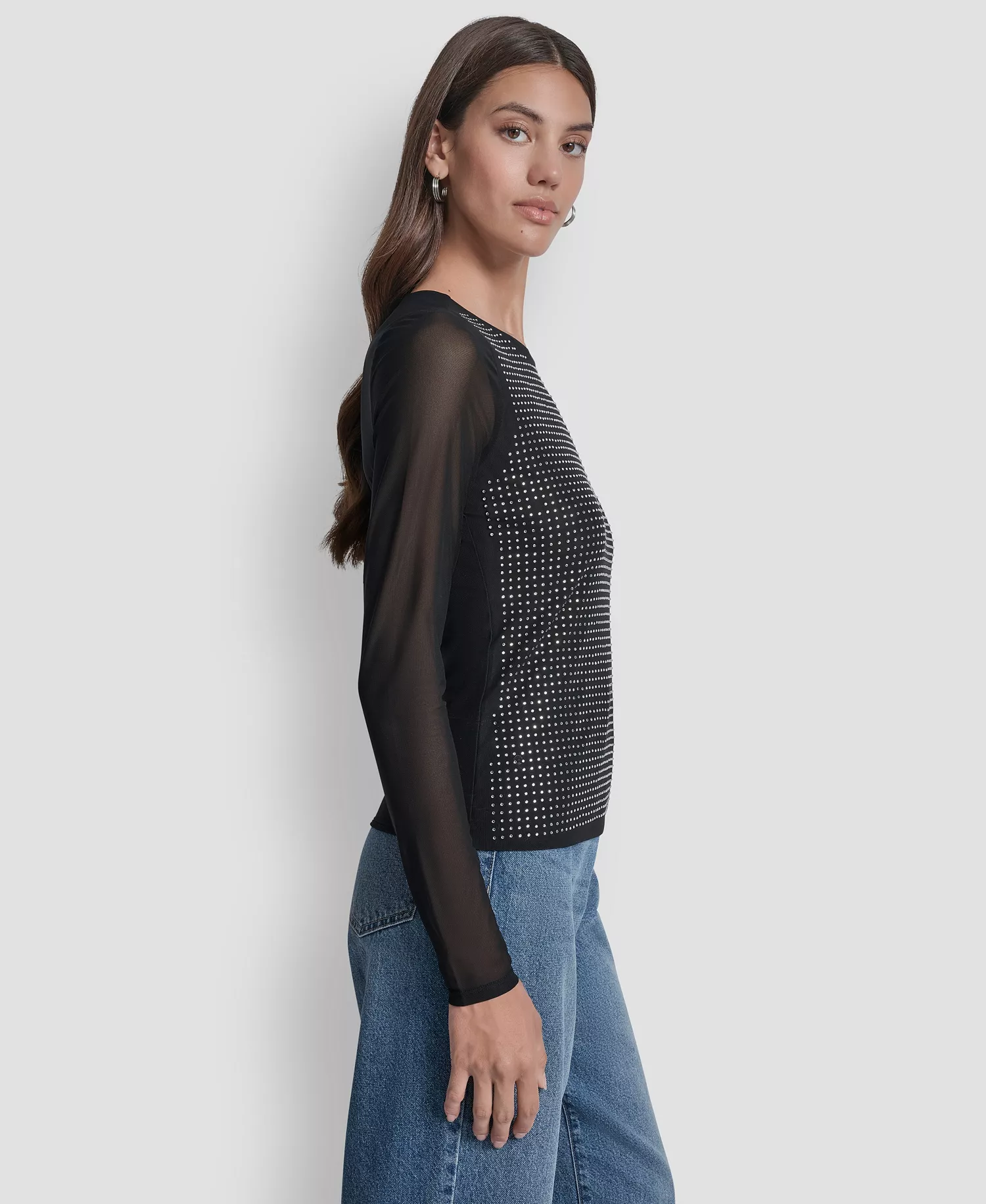 Women's Dome Studs Mesh Long Sleeve Slim Fit Top - Black/Silver - L