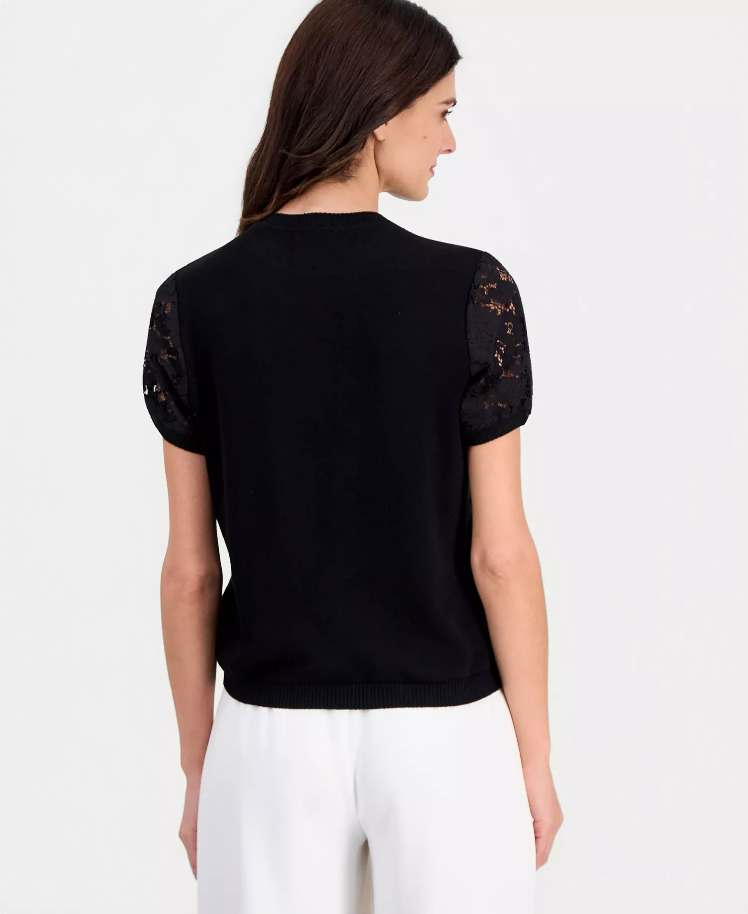 Women's Lace-Front Short-Sleeve Sweater - Black - L