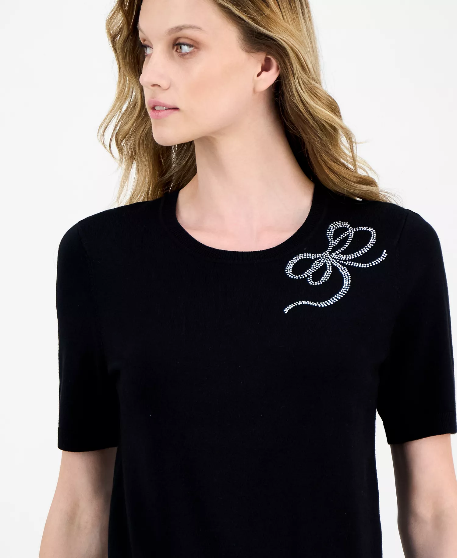 Nautica Women's Rhinestone-Bow Short-Sleeve Sweater - Black - L