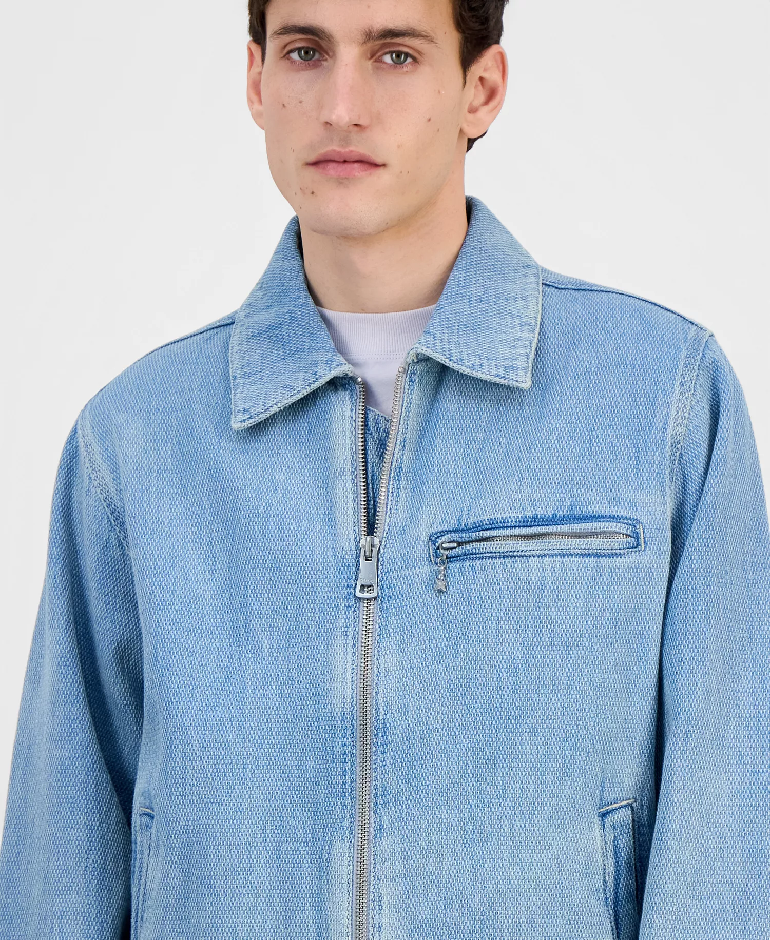 Men's Cotton Waffle Denim Zip Jacket - turquoise/aqua - 2XL