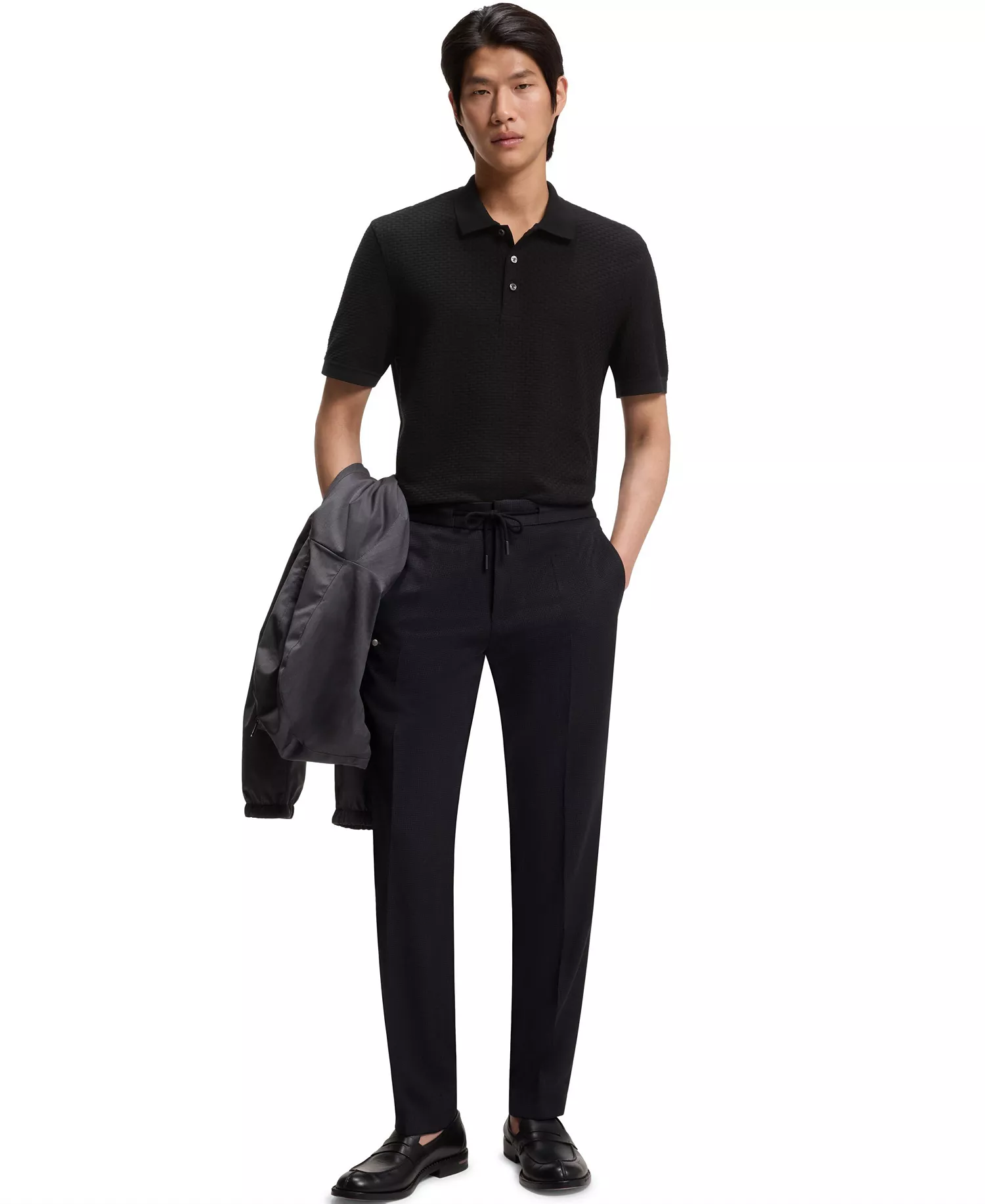 Men's Mercerized Cotton Basket Weave Polo Shirt - Black - L