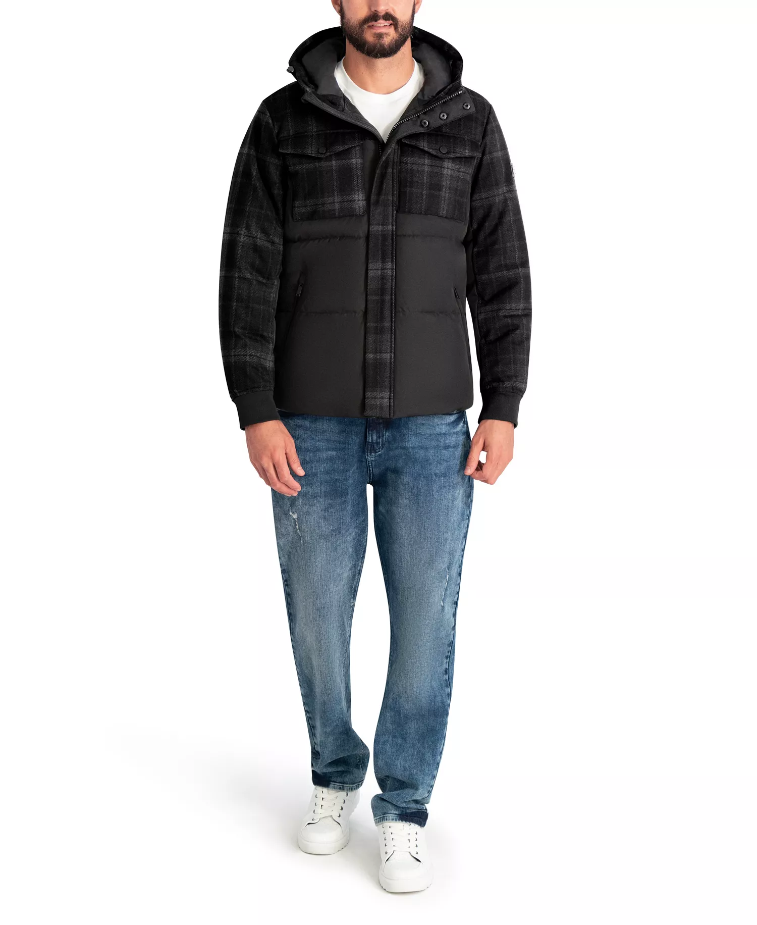 Men's Mixed Media Hooded Puffer Jacket - Black Combo - 2XL