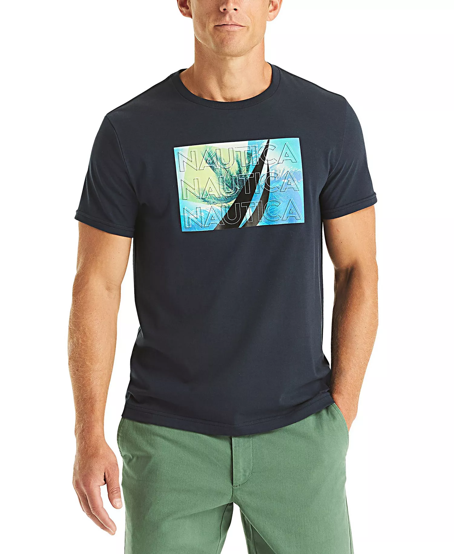 Men's Palm Tree Printed T-Shirt - Navy Seas - 2XL