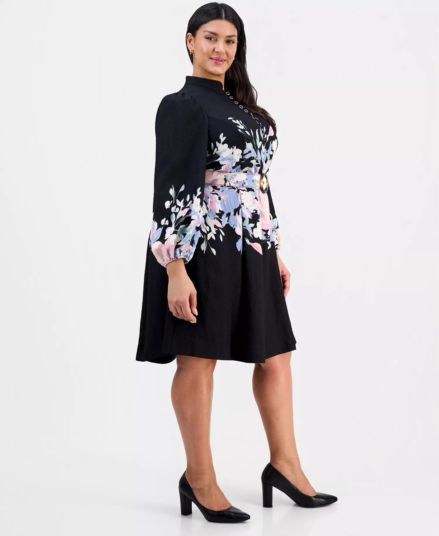 Plus Size Belted Floral Print Fit & Flare Dress - Black Multi - 14W