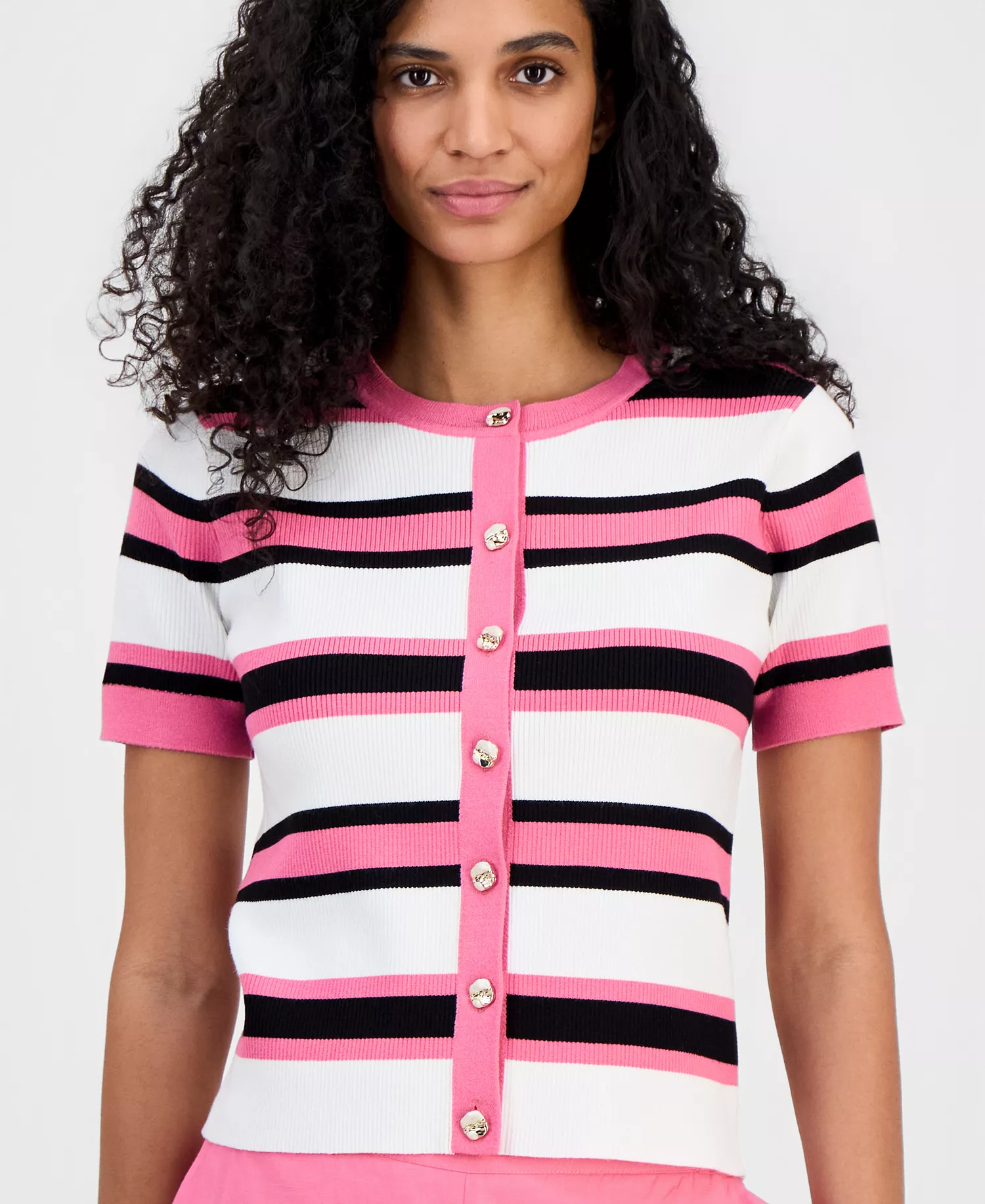 Women's Short-Sleeve Ribbed Cardigan - Parisian Pink Stripe - L