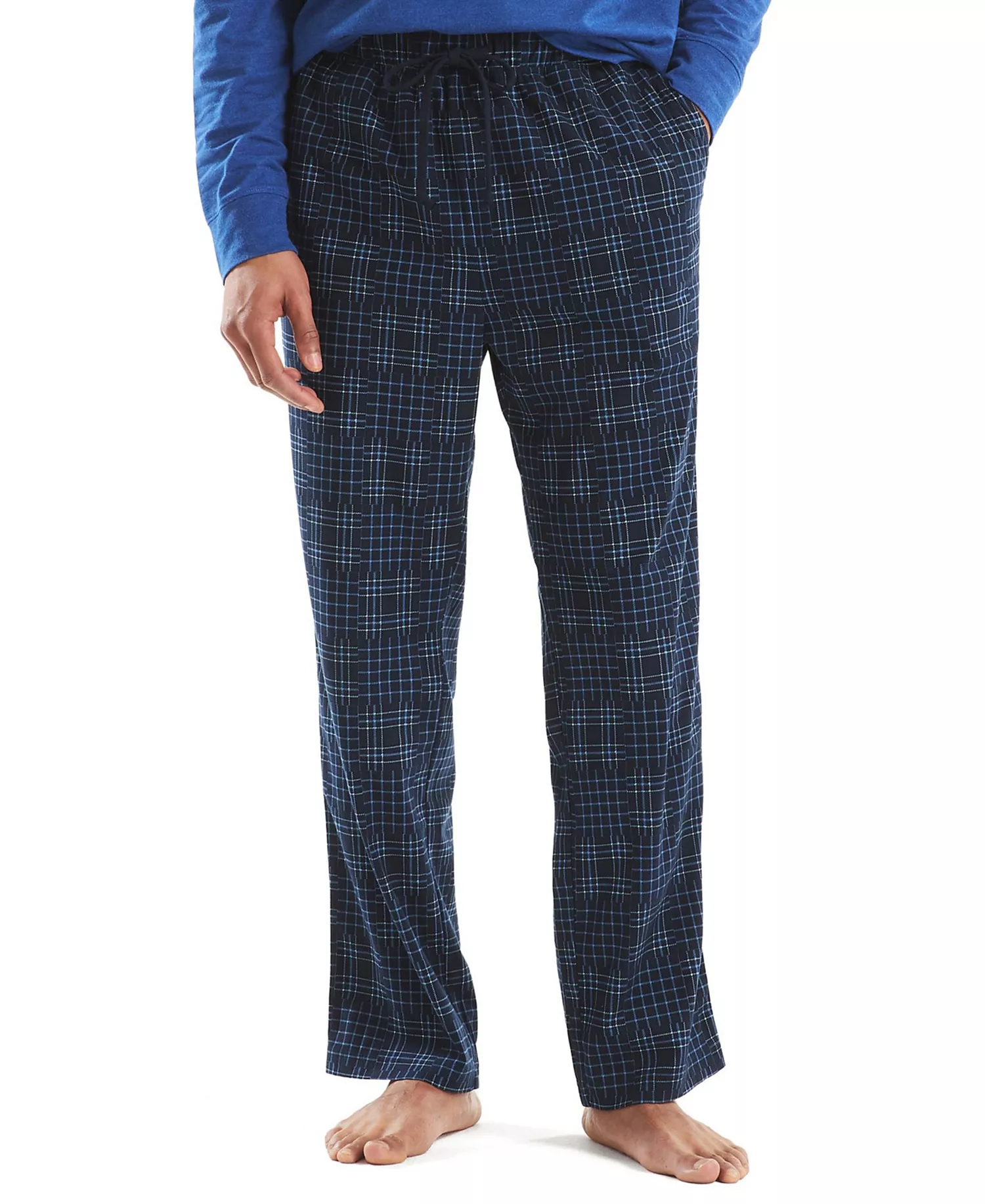 Men's Fleece Patchwork Plaid Pajama Pants - Navy - L