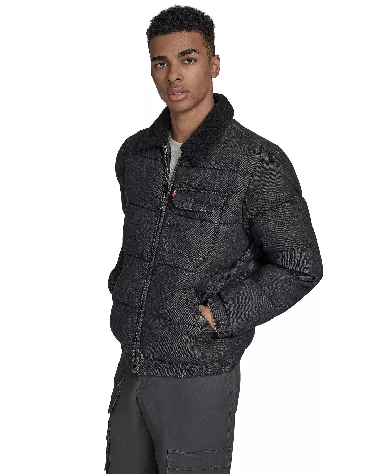 Men's Denim Quilted Sherpa Collar Jacket - Black Denim - 2XL
