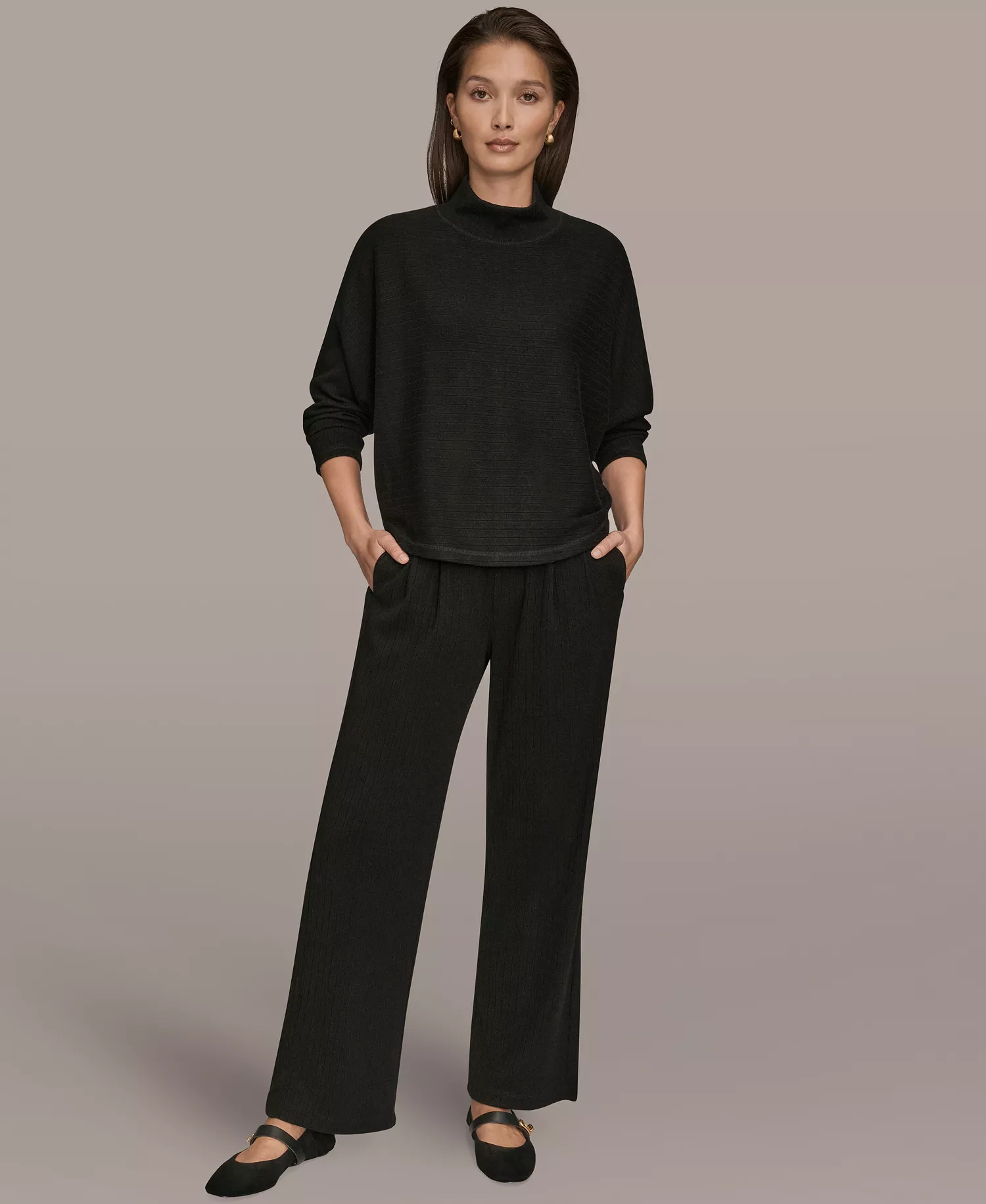 Women's Brushed Rib Dolman Funnel Neck Pullover - Black - L