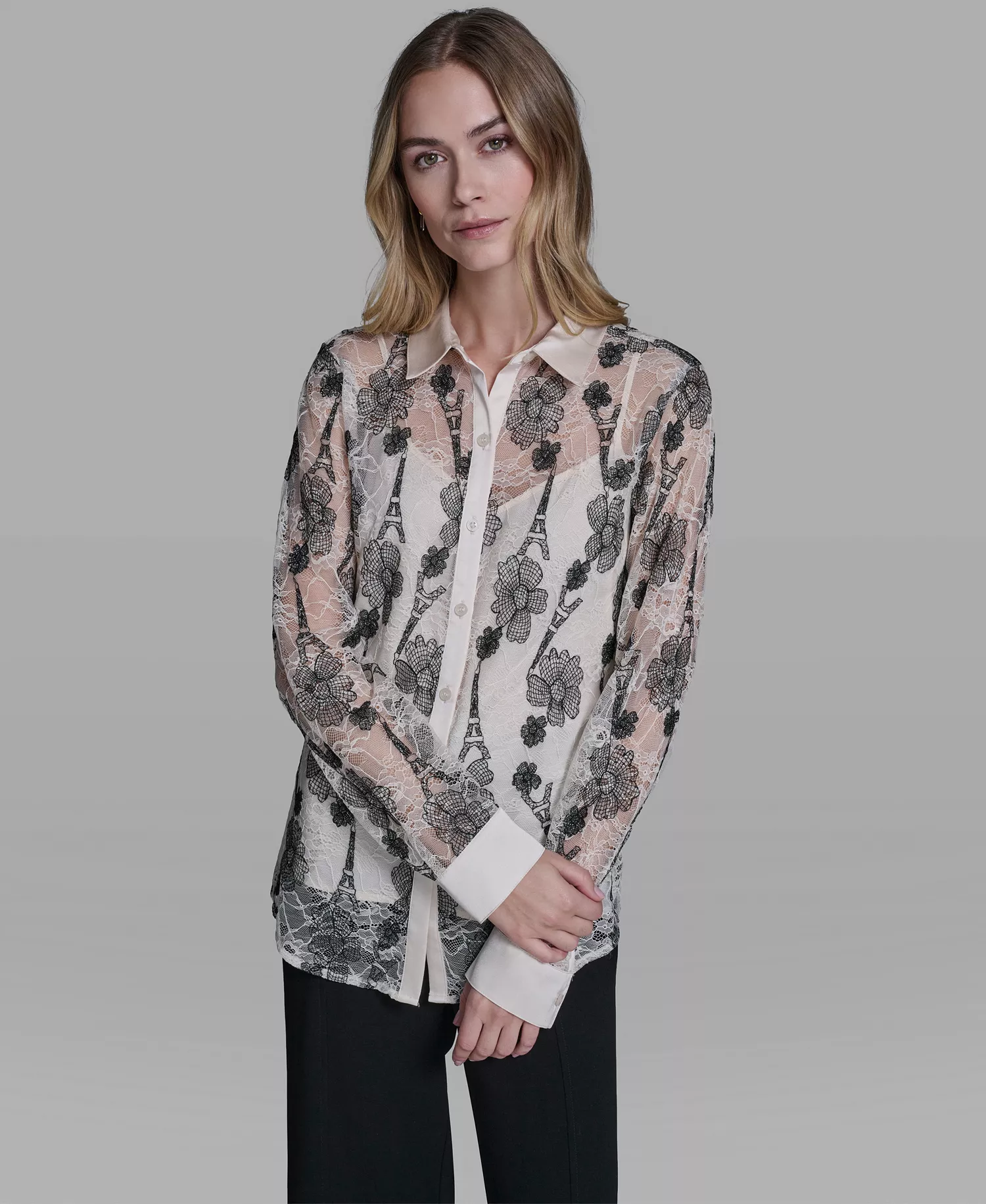 Women's Paris Lace Print Collared Top - Bisque/black - L