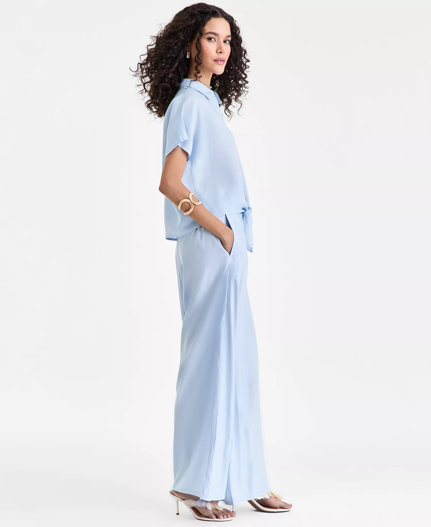 Women's Linen-Blend Wide-Leg Pull On Pants - Bliss Blue - L