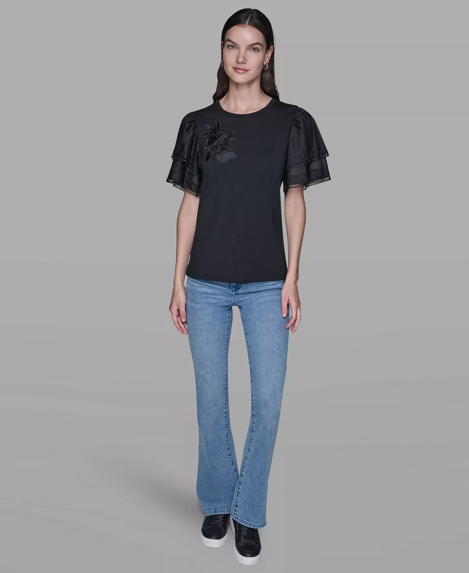 Women's Ruffled Crewneck Floral Top - Black - L