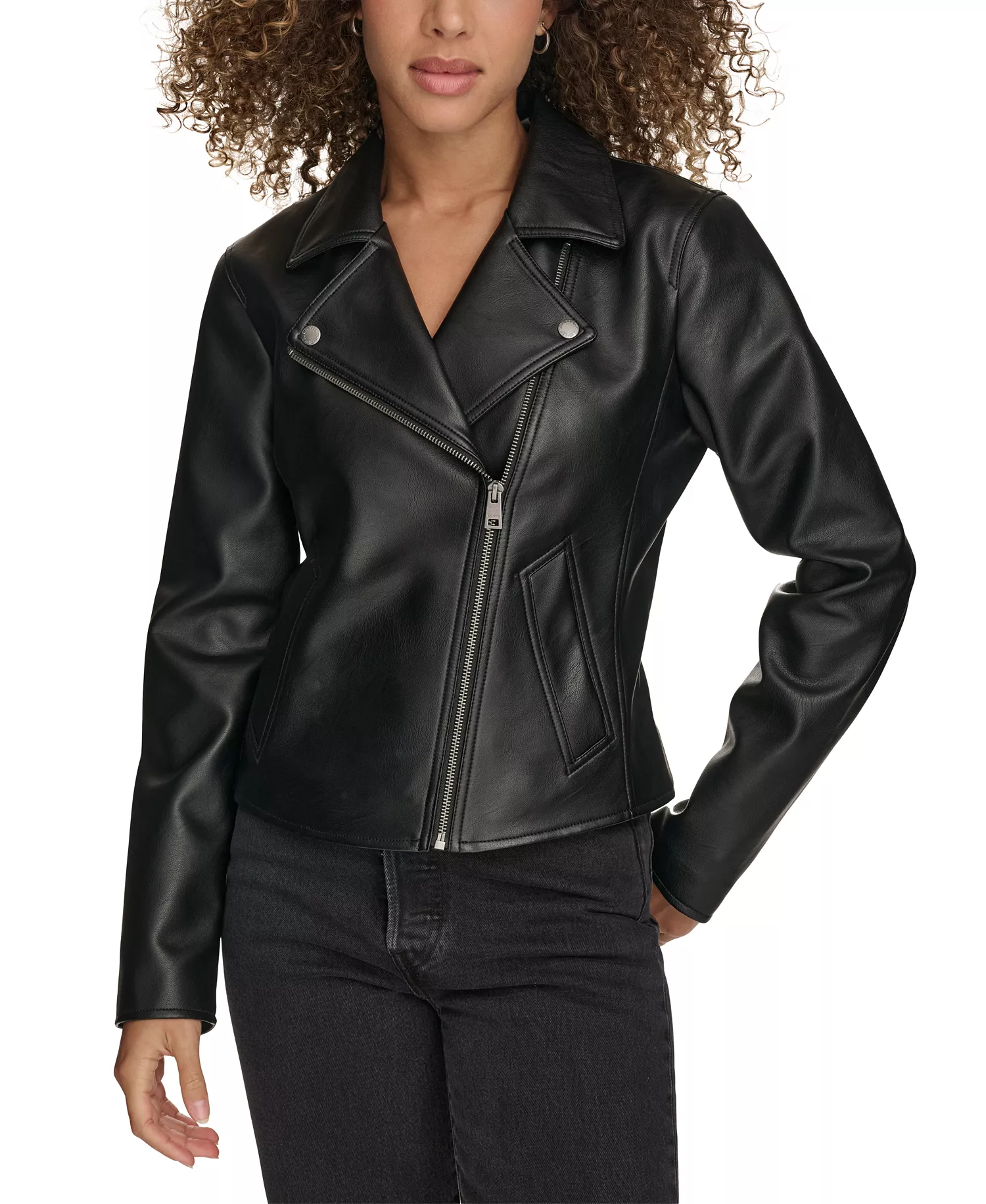 Women's Faux-Leather Asymmetric-Zip Moto Jacket - Black - L