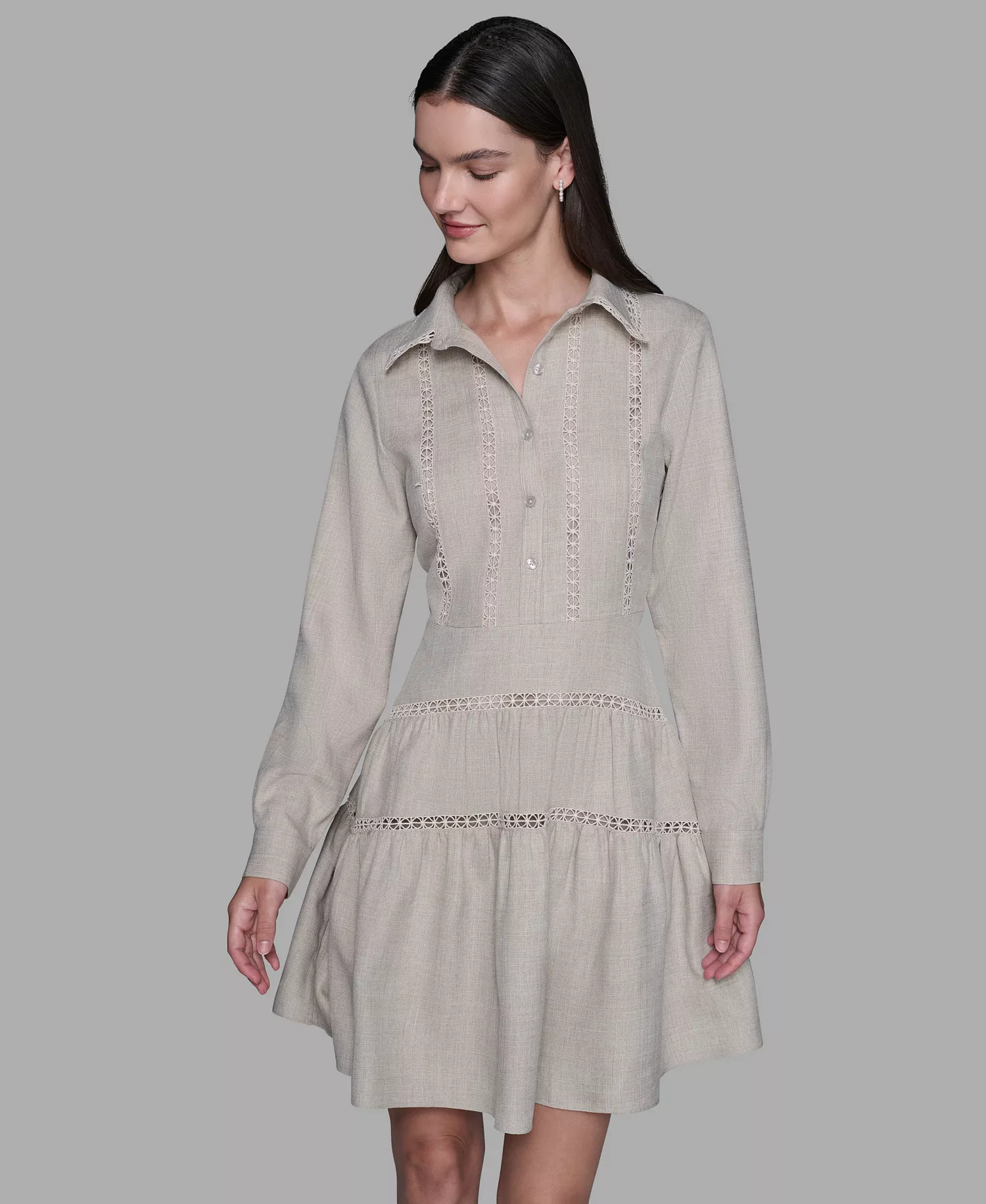 Women's A-Line Collared Short Dress - Beige - 14