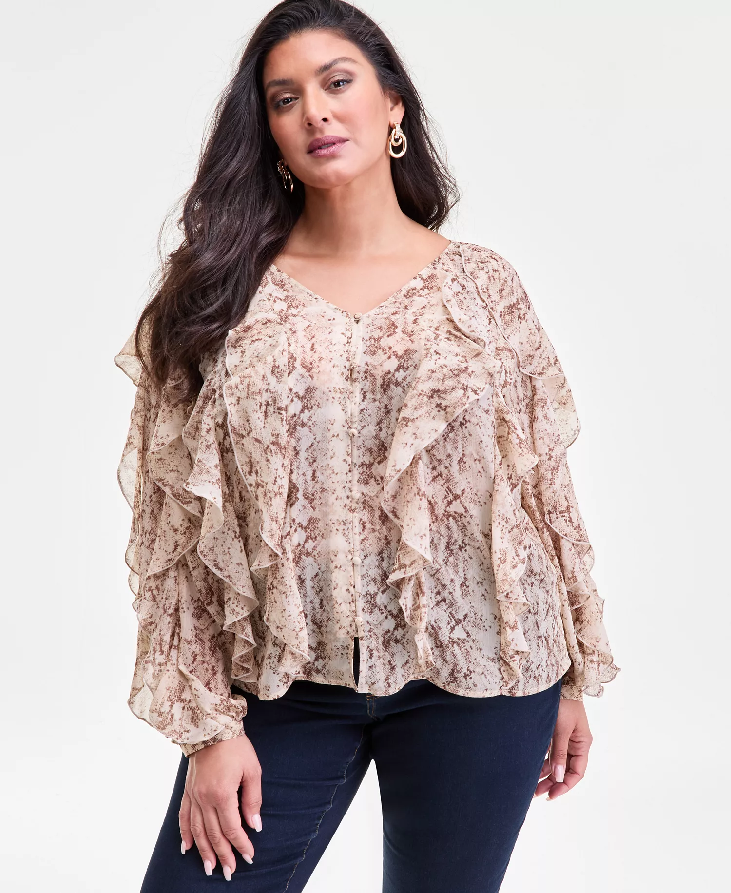 Plus Size Printed Long-Sleeve Ruffled Blouse, Macy's Exclusive  - Mia Snake - 0X