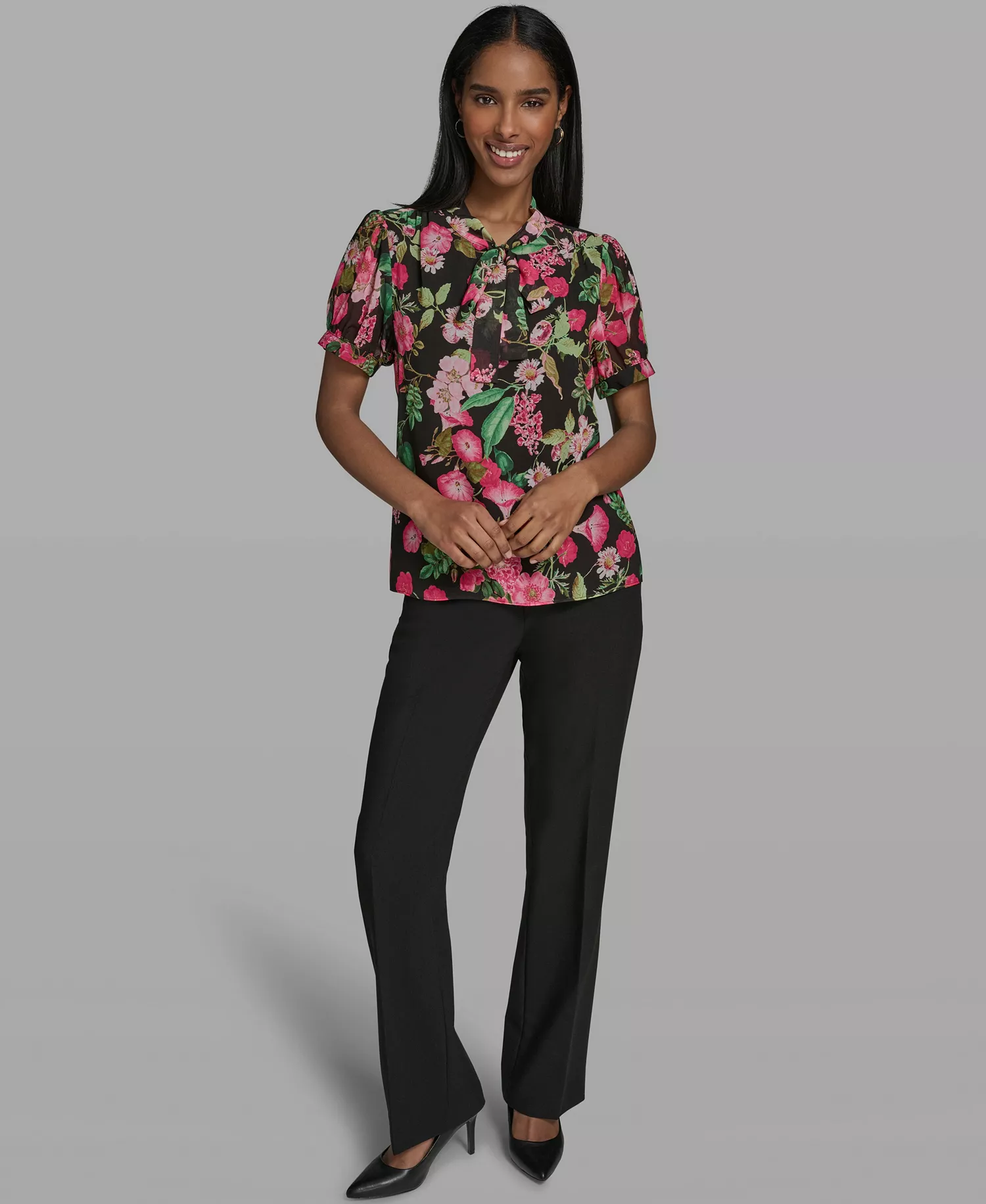 Women's V-Neck Woven Blouse - Black Multi - L