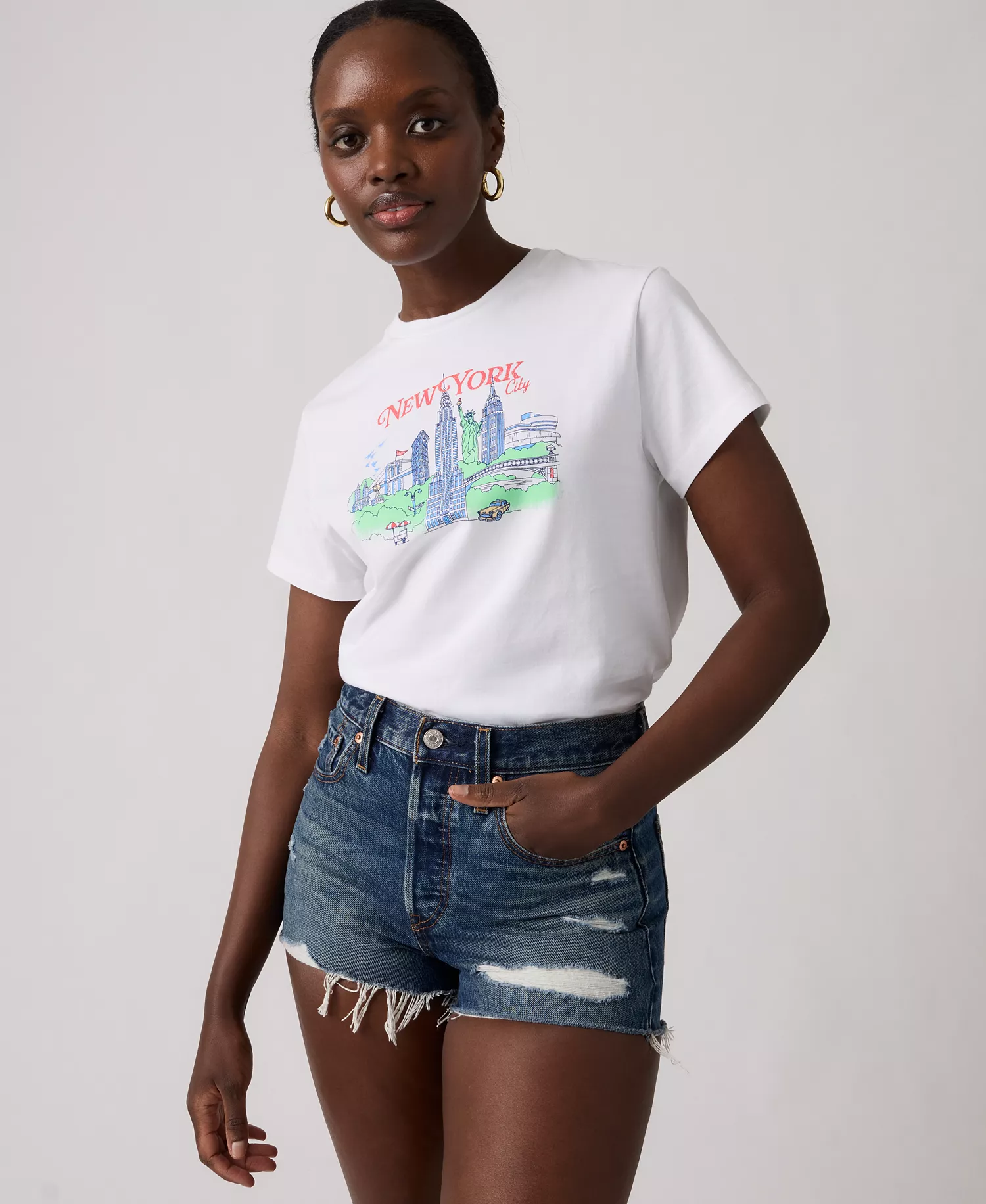 Women's Crew Neck Graphic Print T-Shirt - Nyc Faded Map Bright White - L