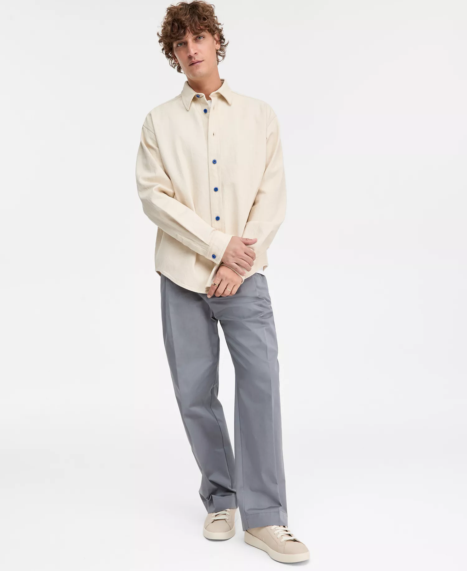 Men's Cotton Ebino Button-Front Shirt Jacket - LT BGE - 2XL