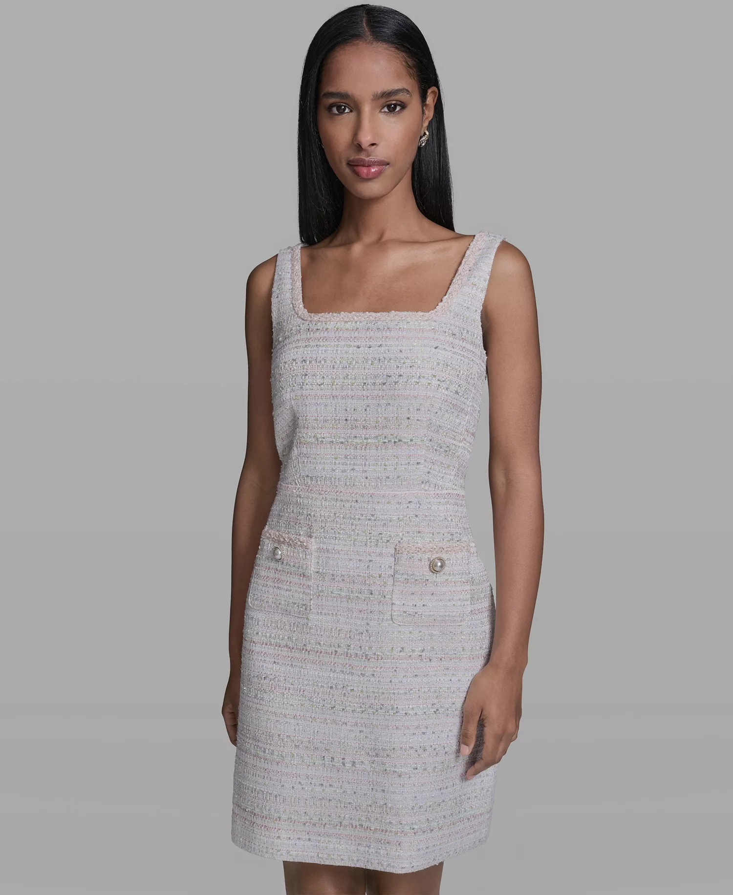 Women's Metallic A-Line Square Neck Dress - Soft White Multi - 0