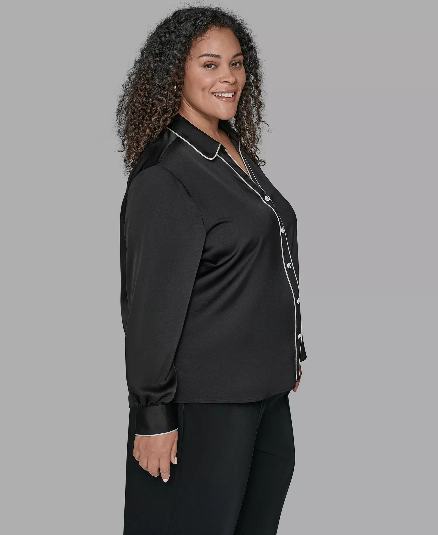 KARL LAGERFIELD PARIS Plus Size Contrast Placket Long Sleeves Blouse - Black - 0X