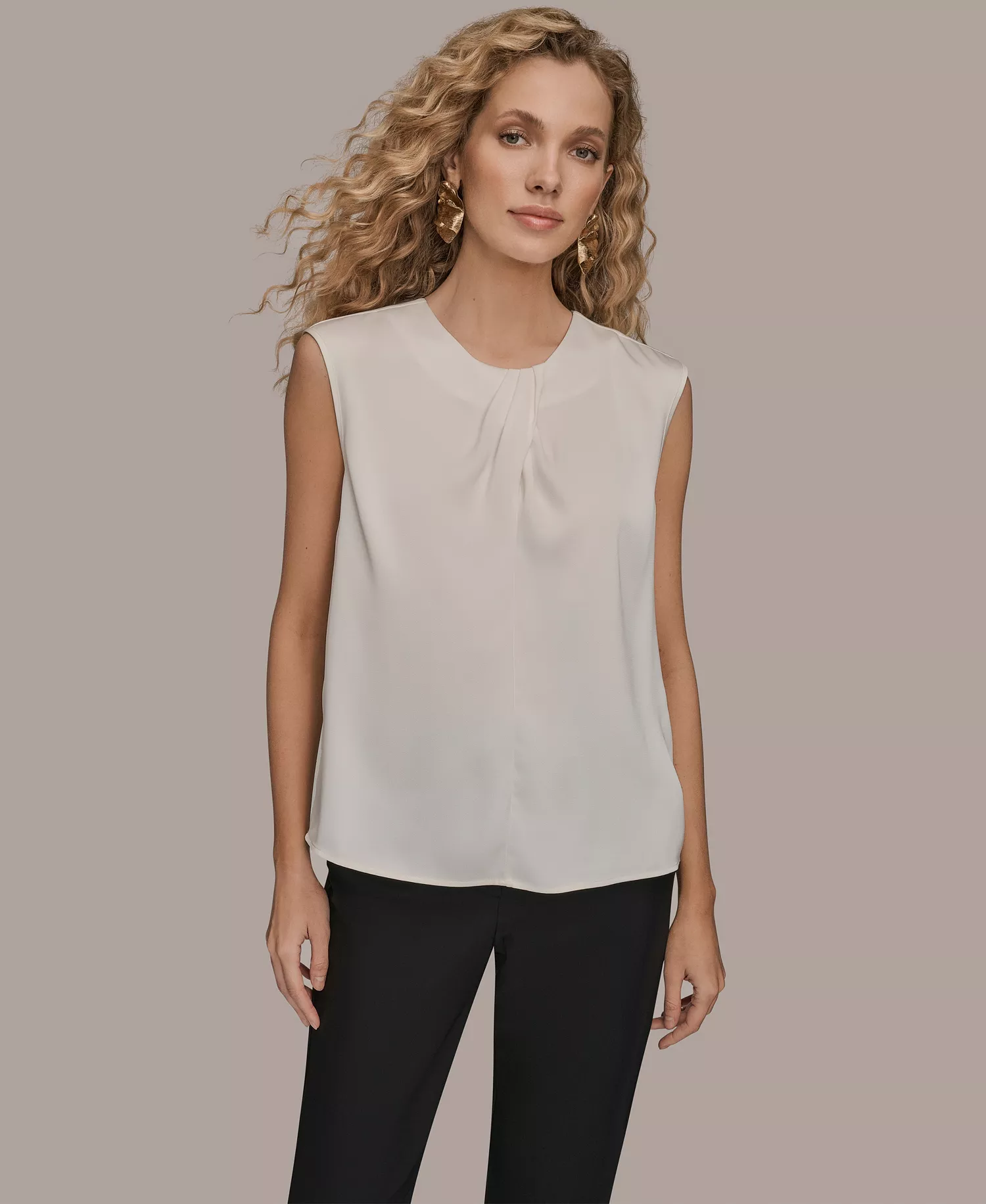 Women's Solid Sleeveless Twist Neck Top - Cream - L
