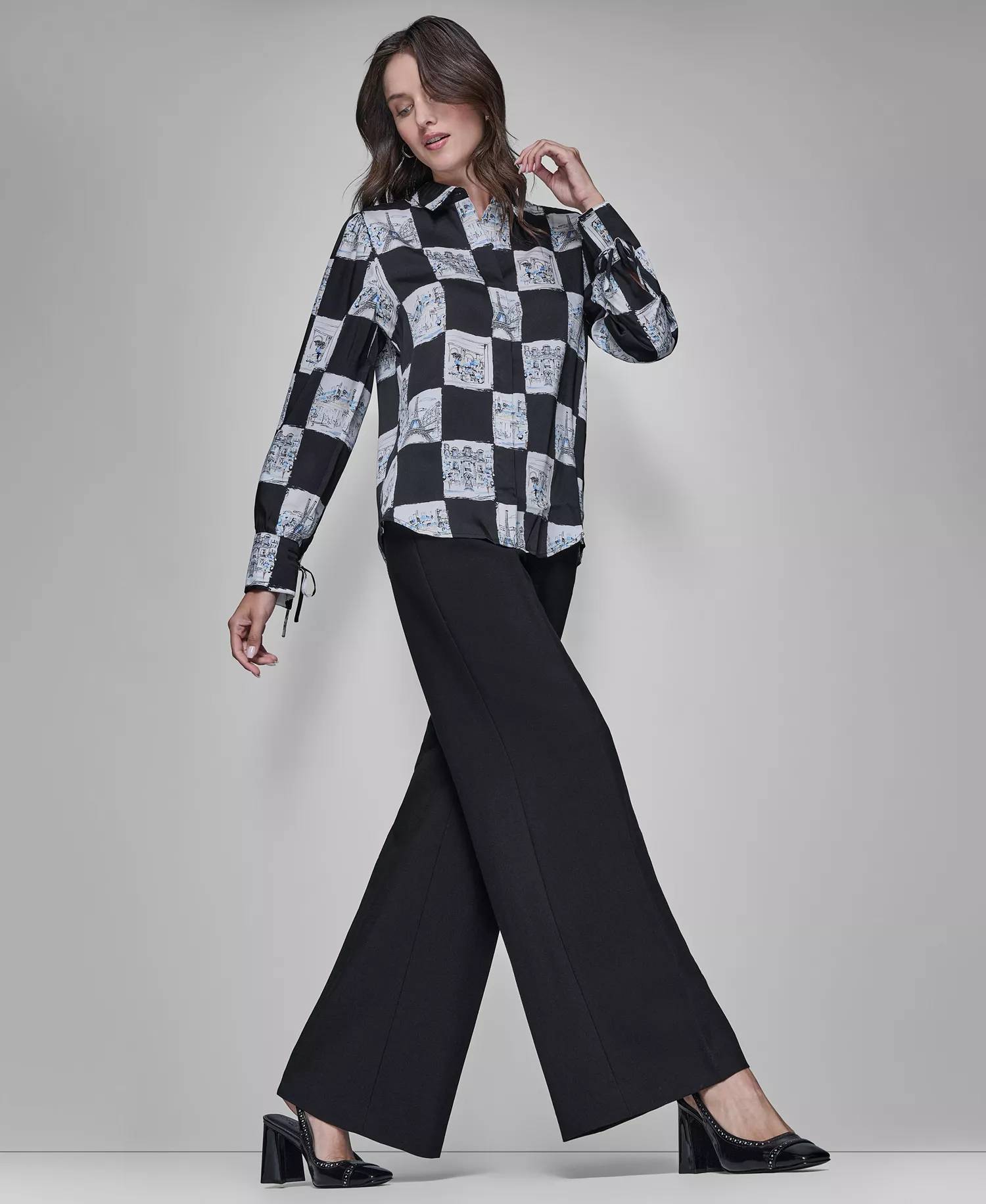 Women's Printed Collared Long-Sleeve Blouse - Black Combo - L