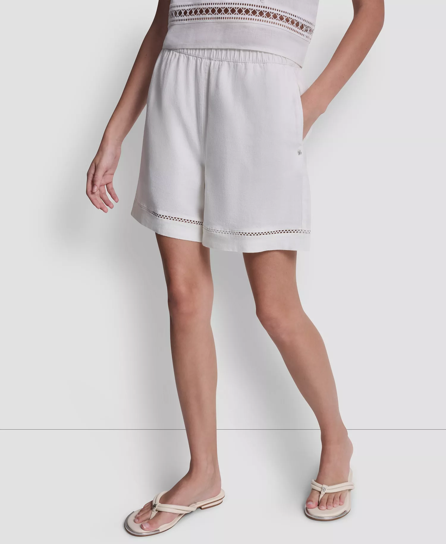 Women's Pull-On Linen-Blend Elastic Boxer Shorts - Ivory - L