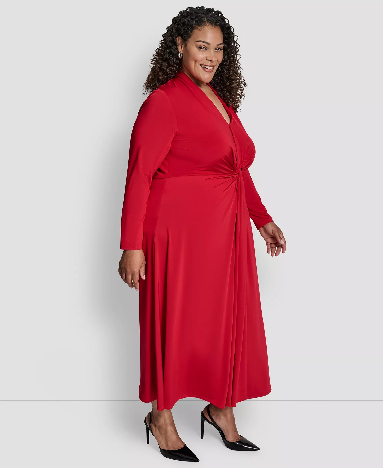 Plus Size Long Sleeve O-Ring Maxi Dress - Red - 14W