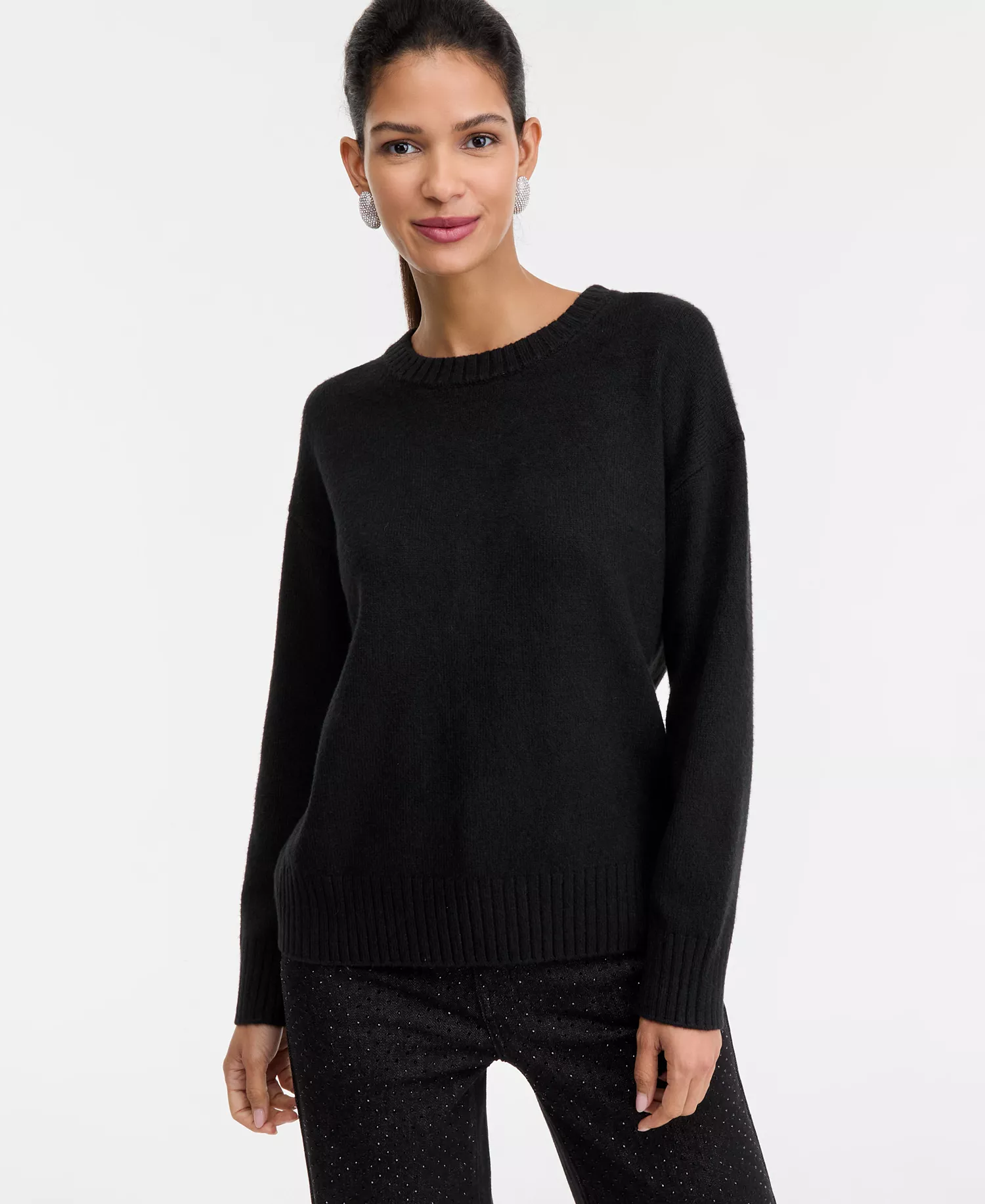 Women's Ribbed-Trim Crewneck Pullover Sweater, Macy's Exclusive - Deep Black - M