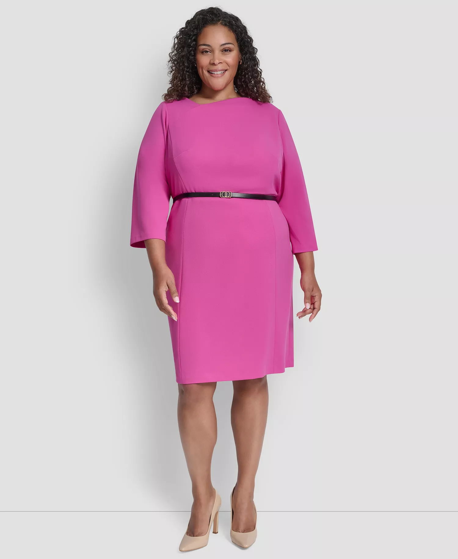 Plus Size 3/4-Sleeve Asymmetrical Neck Sheath Dress - Rose Violet - 14W