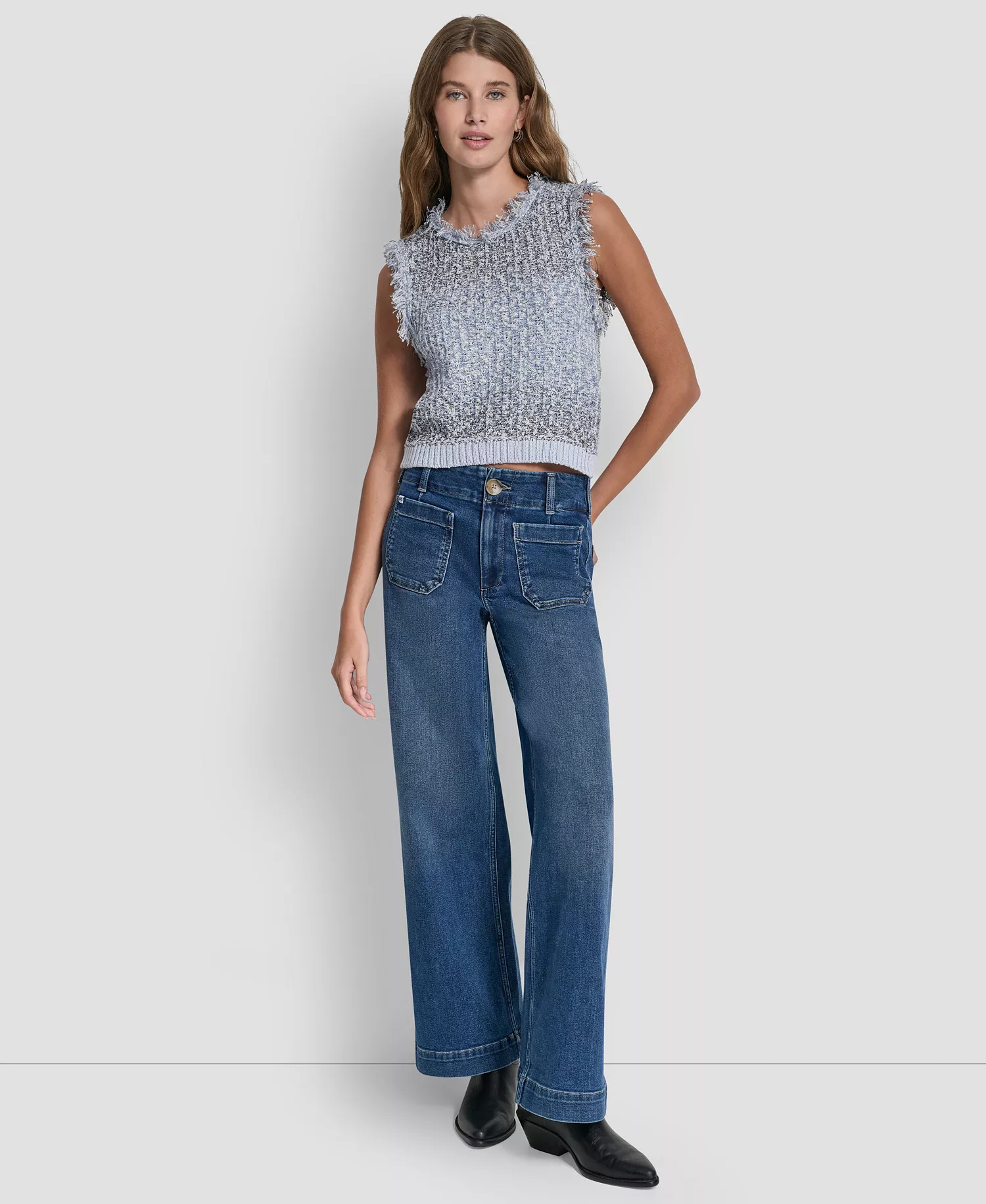 Women's Sleeveless Tweed Fringe Trimmed Sweater - Frost Blue Combo - L