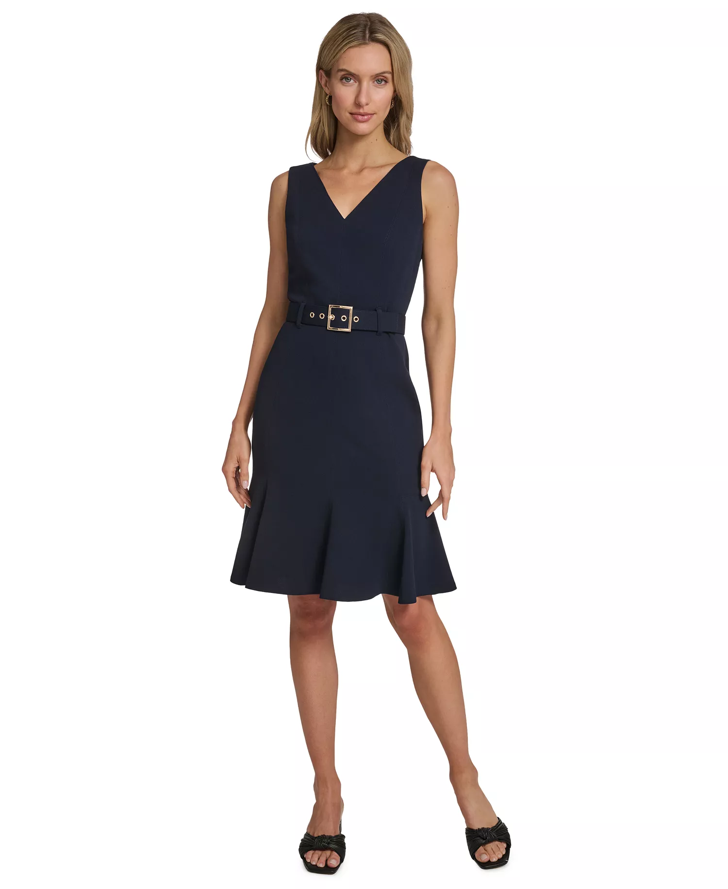 Women's Belted Pleated Hem Dress - Indigo - 10