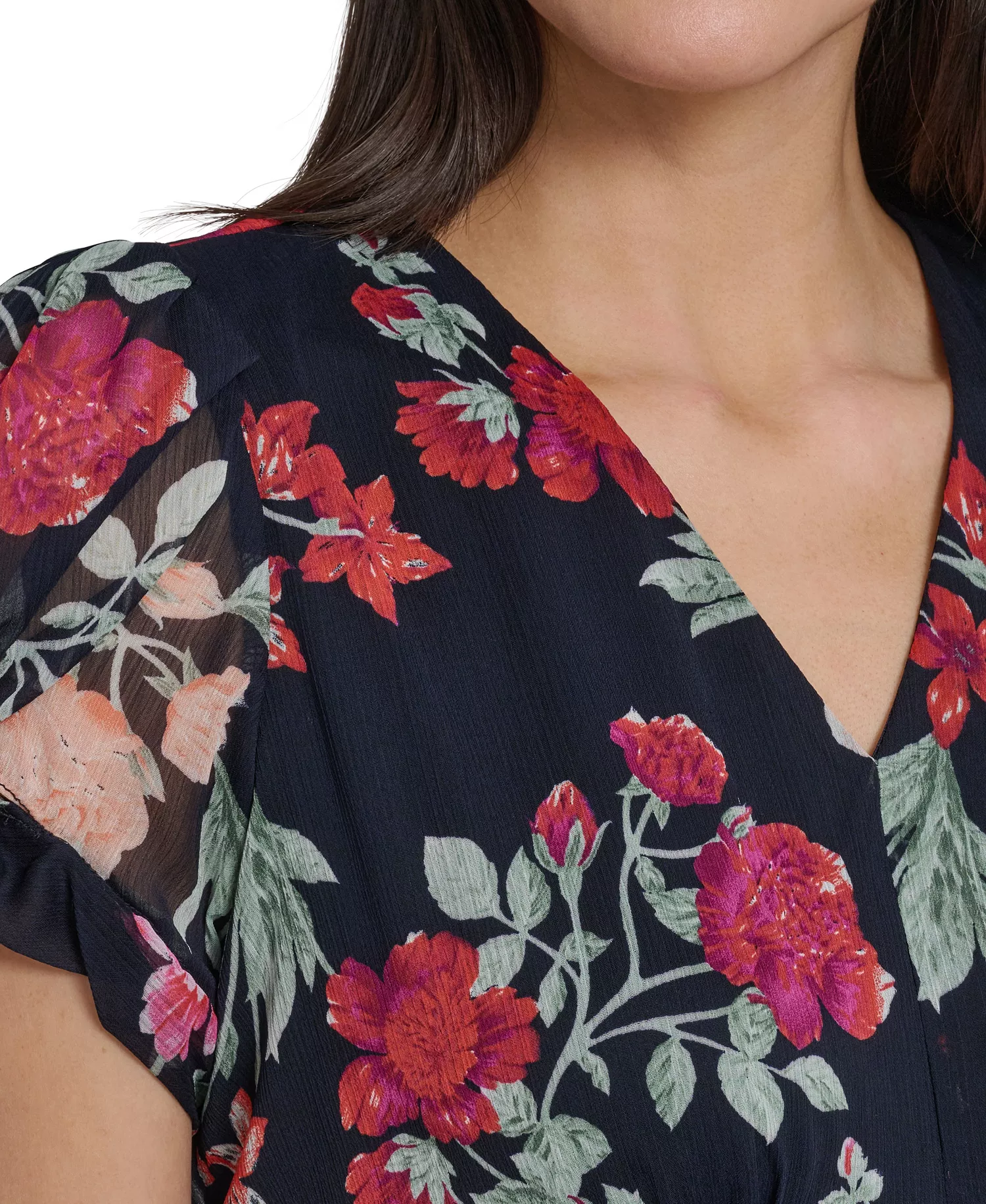 Petite Knot-Sleeve Printed Dress - Indigo Multi - 0P