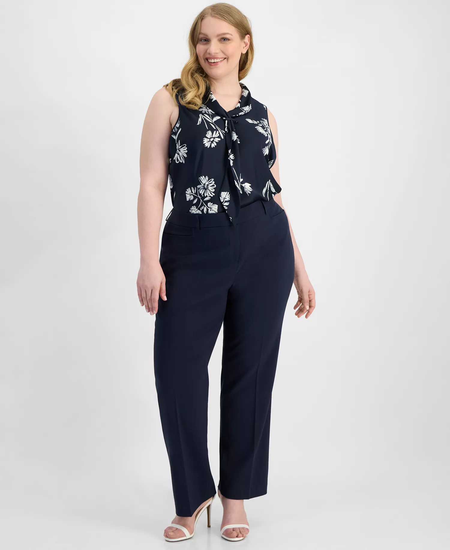 Plus Size Bird Eye Press-Pleat Straight-Leg Pants  - New Navy - 14W