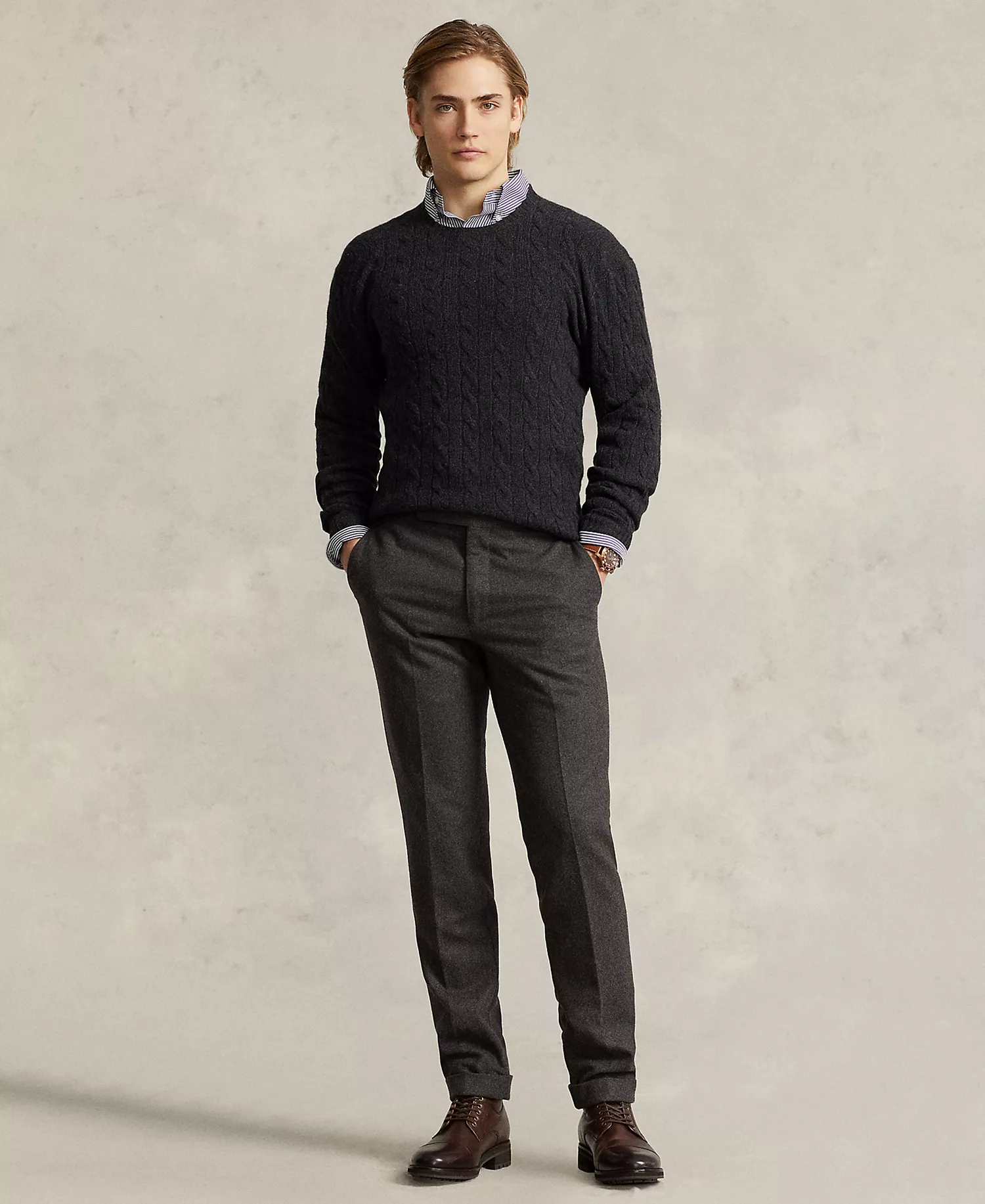 Men's Wool-Cashmere Cable-Knit Sweater - Dark Granite Hthr - 2XL